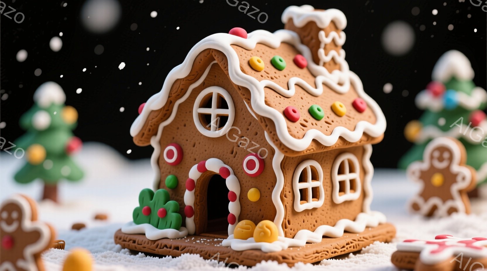 ジンジャーブレッドで作られた可愛らしい家が中央にあります。家の周りには、同じくジンジャーブレッドで作られた人形や雪景色が広がっており、クリスマスの温かい雰囲気を演出しています。雪が降る背景とカラフルな家の装飾が、遊び心と幸福感に満ちた冬の情景を作り出しています。