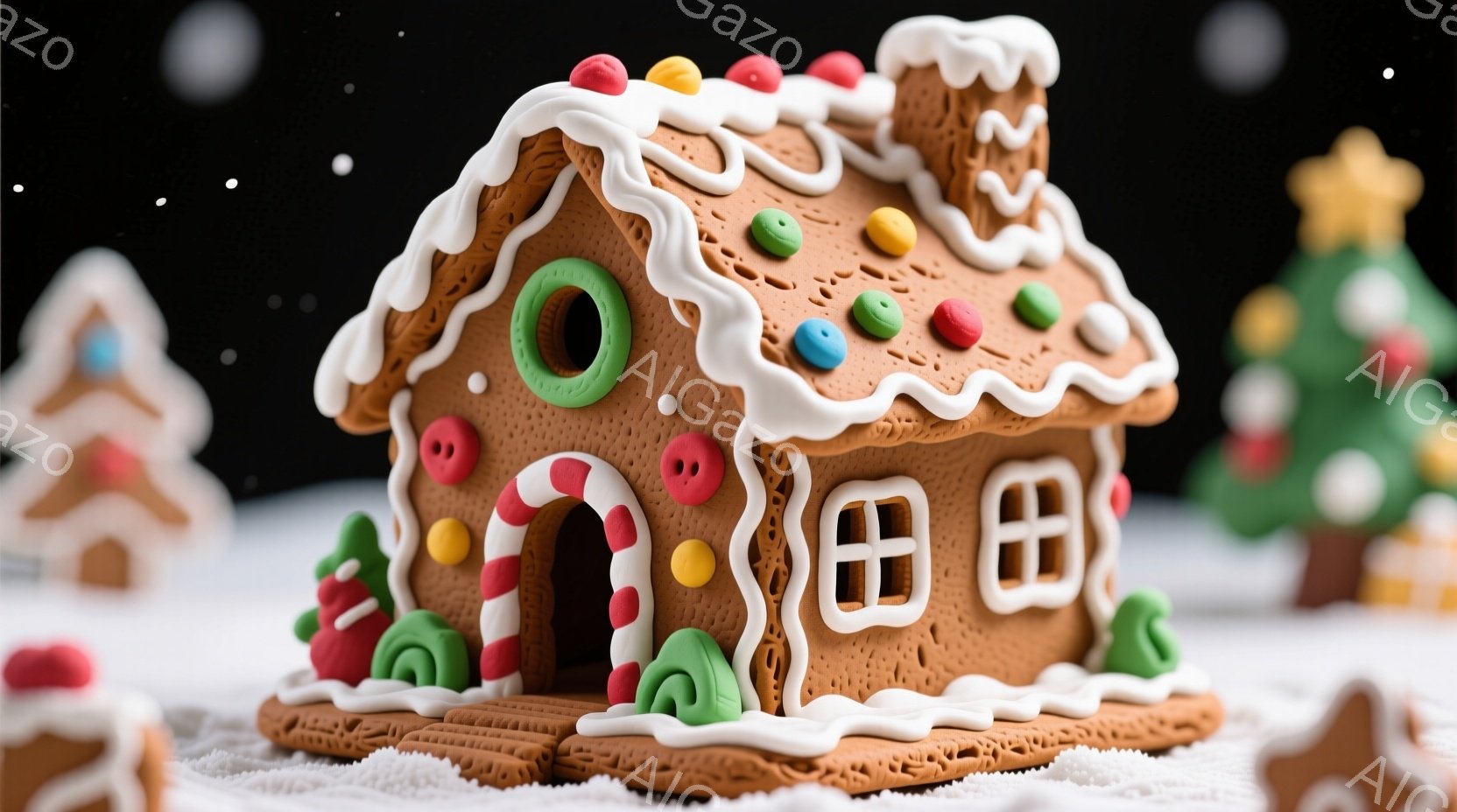 鮮やかな色彩のジンジャーブレッドハウスが、雪景色の中にあります。屋根は白いアイシングで覆われ、カラフルなキャンディやグミで飾られています。背景には、他のジンジャーブレッドの装飾や、ぼやけた緑色のクリスマスツリーが見え、楽しいお菓子の世界を表現しています。