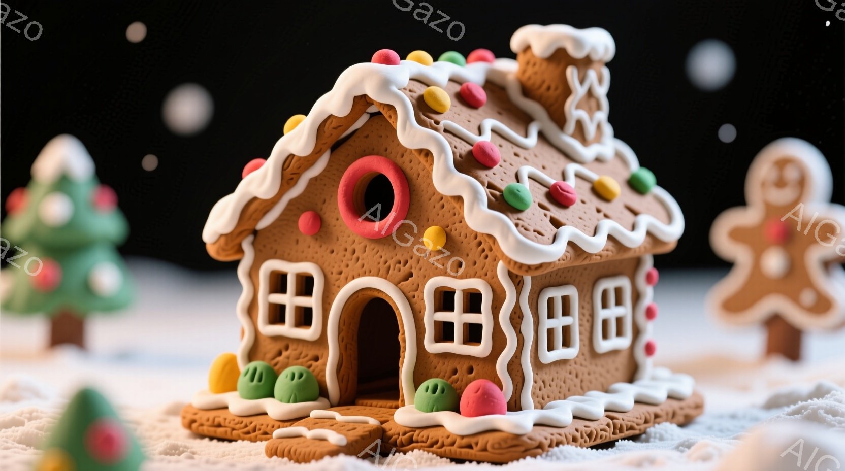 カラフルなキャンディやアイシングで飾られた、可愛らしいジンジャーブレッドハウスが写っています。雪景色を背景に、緑色の小さなジンジャーブレッドの人物と、別のジンジャーブレッドクッキーが置かれています。全 - AI生成フリー素材