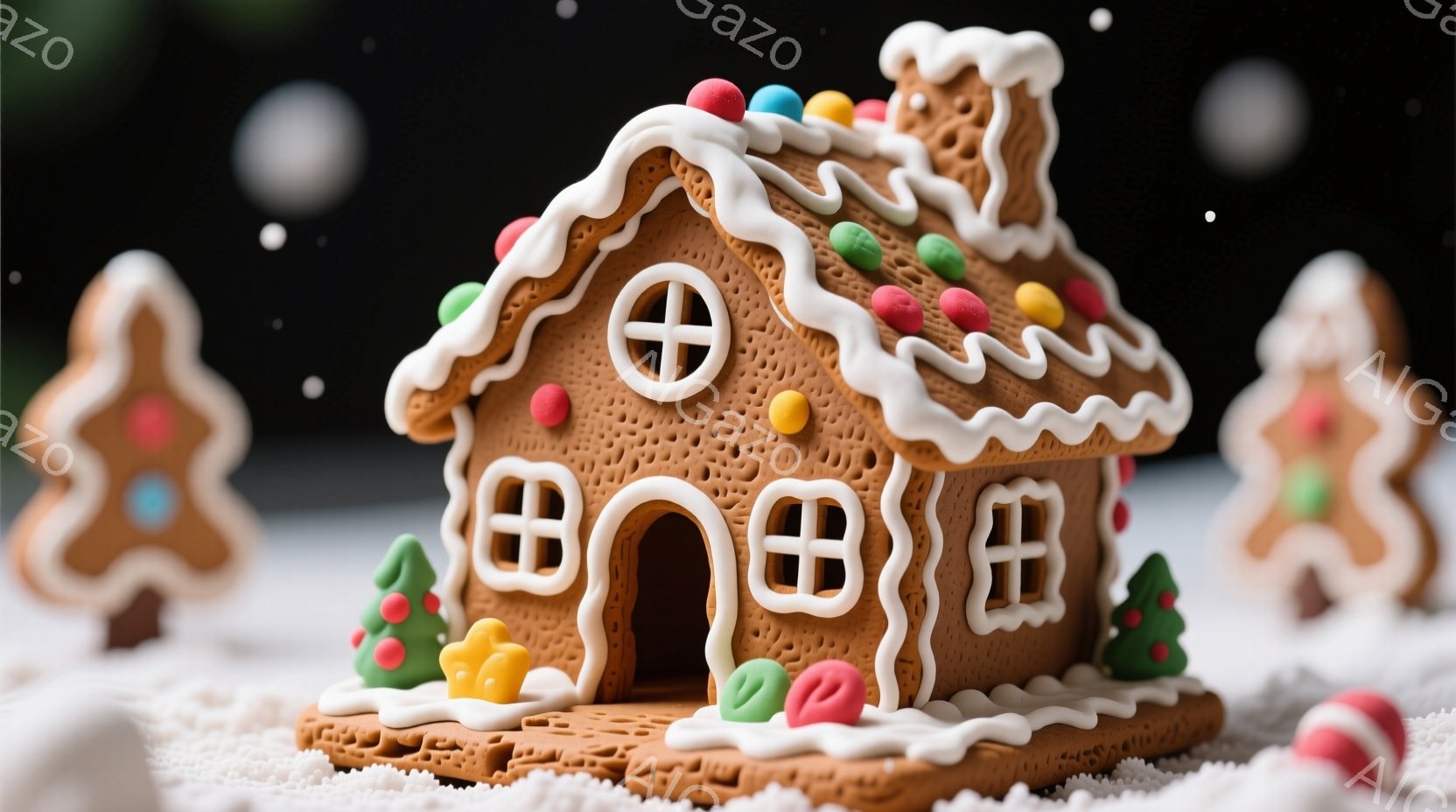 ジンジャーブレッドで作られた可愛らしい家が中央に配置され、白いアイシングで装飾されています。背景には、似たようなジンジャーブレッドクッキーと白い雪のようなものが散りばめられ、お菓子の世界のような雰囲気を醸し出しています。暖かく甘いクリスマスの雰囲気を感じさせる、心温まるシーンです。