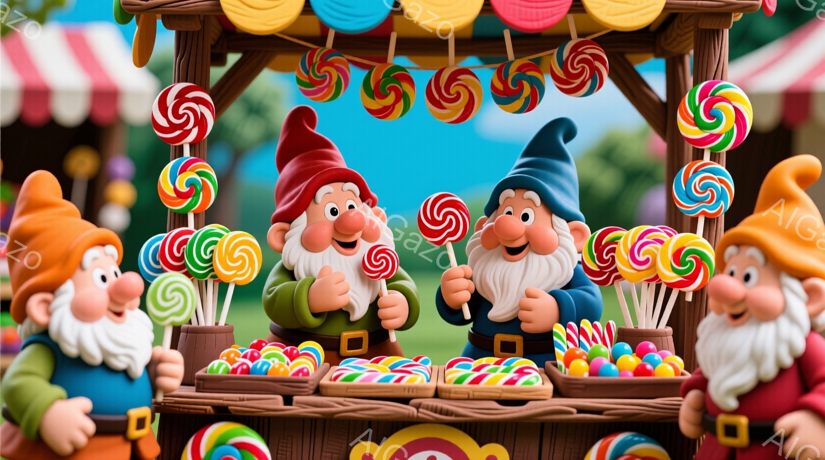 明るい色のキャンディーを売る４人の小人が描かれています。彼らはそれぞれ緑、赤、青、黄色の服を着て、白いひげを生やしており、大きな笑顔を浮かべています。背景にはカラフルなキャンディーや、ストライプ柄の屋 - AI生成フリー素材