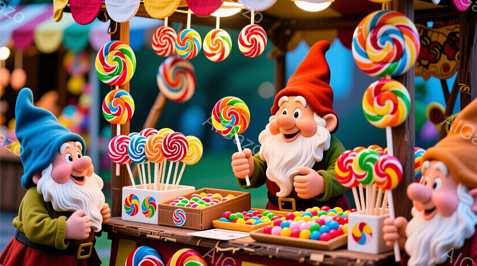 カラフルなキャンディーを売る3人の小人たちが描かれています。彼らはそれぞれ異なる色の帽子と黄色の服を着ており、笑顔でキャンディーを展示しています。背景にはキャンディーが飾られた屋台と、様々な色のキャンディーが並んだ棚があり、お祭りや遊園地のような楽しい雰囲気が漂っています。