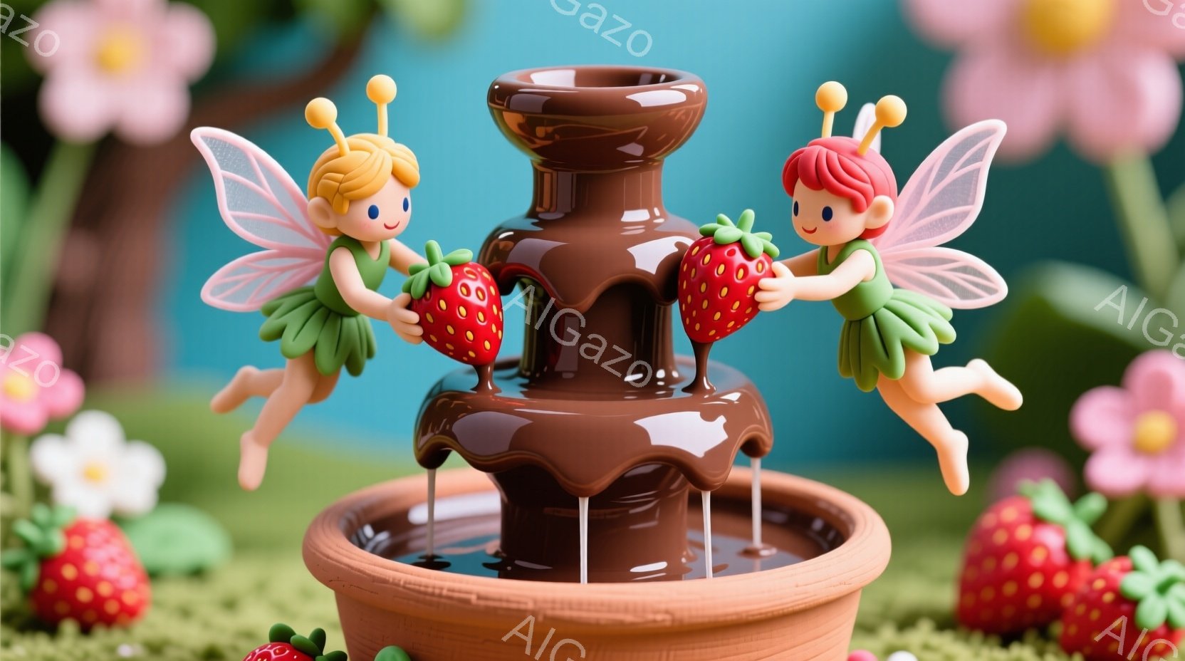 2人の小さな妖精が、チョコレートファウンテンの周りを飛び回っています。彼女たちは赤い髪を三つ編みにし、緑色のドレスを着て、大きな羽を持っています。背景には、ピンクの花や苺が描かれており、全体的に可愛らしく、おとぎ話のような雰囲気が漂っています。