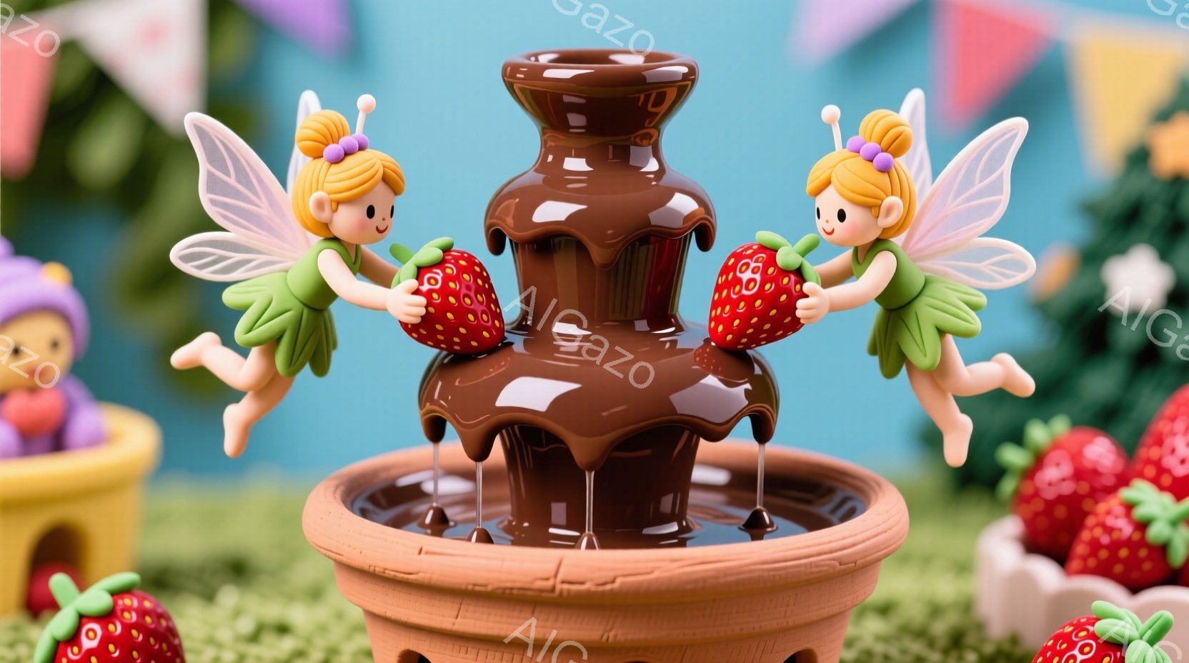 可愛らしい妖精が2人、チョコレートファウンテンの周りを舞っている様子が描かれています。緑色の葉の衣装を着ており、金髪を三つ編みにし、笑顔で赤いイチゴを持っています。背景には、イチゴや花が咲き乱れる庭園が広がり、暖かく楽しい雰囲気が漂っています。