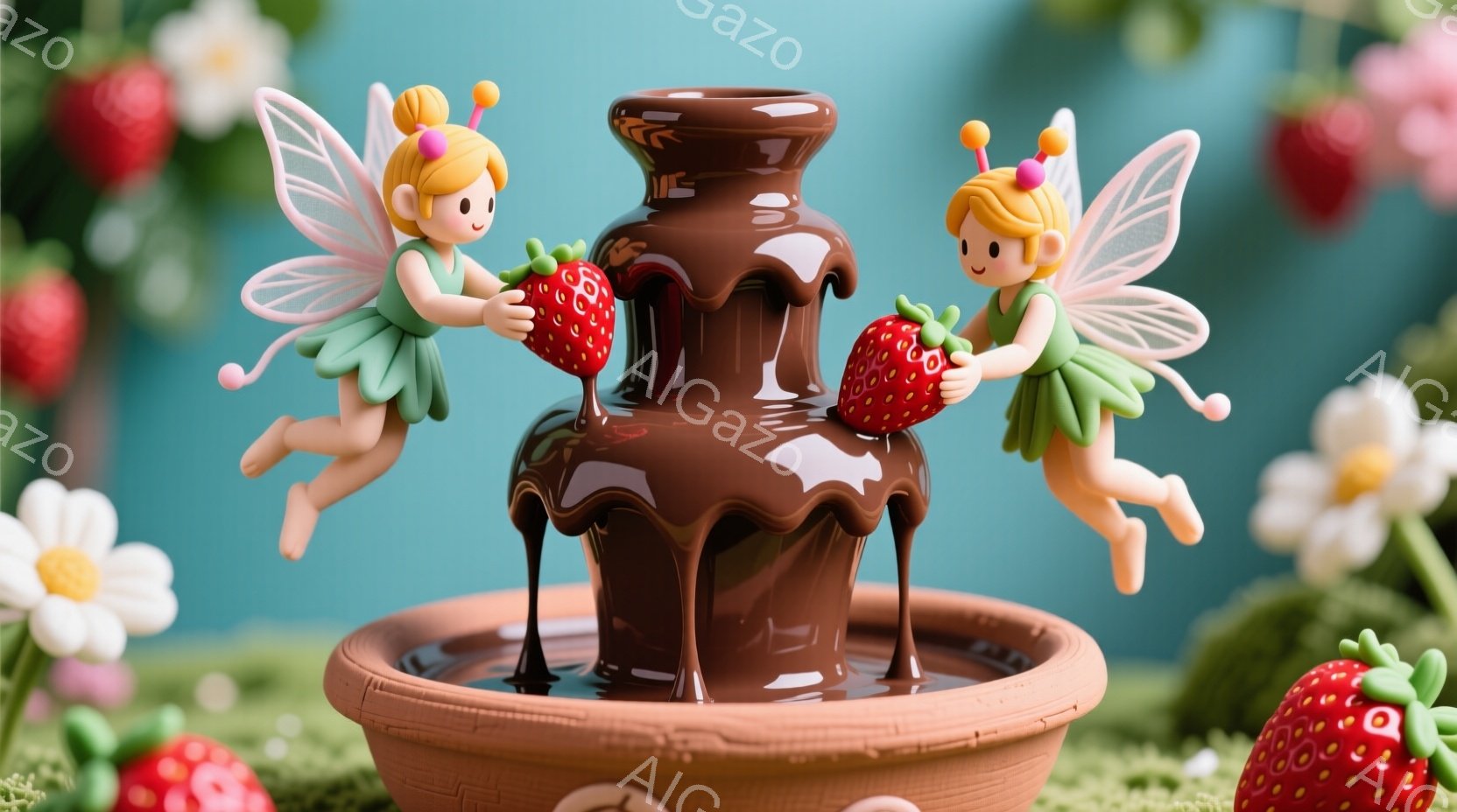 チョコレートファウンテンの周りを、可愛らしい妖精が2体舞っています。彼女たちは緑のドレスを着ており、金色の巻き毛と大きな瞳を持っています。背景には、赤いイチゴと白いデイジーの花が咲き乱れ、甘くて夢のような雰囲気を醸し出しています。