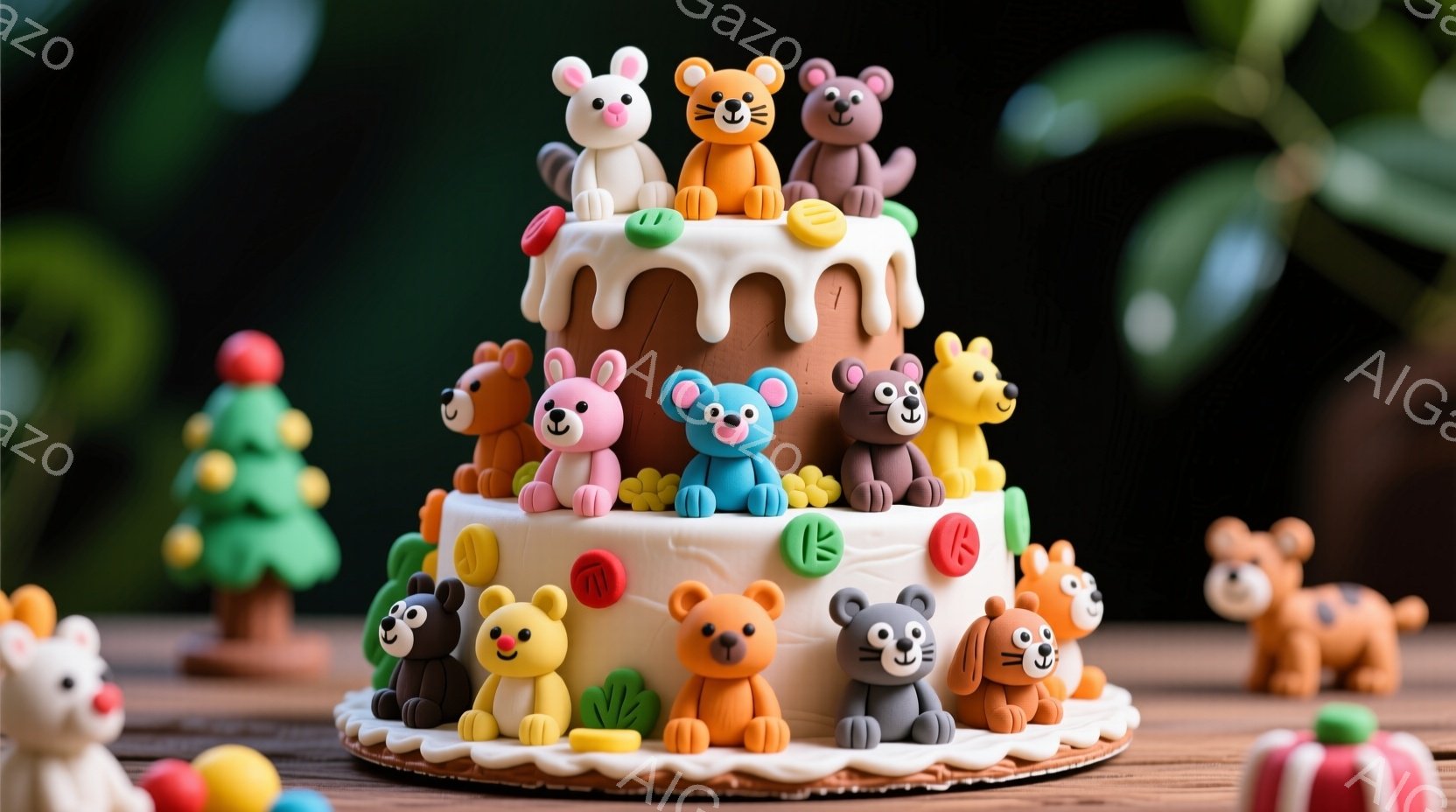 木製のテーブルの上に置かれた、動物のフィギュアで飾られた二段のケーキを描いています。ケーキは白と茶色のアイシングで覆われ、様々な色の可愛らしい動物たちがケーキの周りに配置されています。背景には、小さなクリスマスツリーやギフトボックスが見え、全体的に暖かく、お祝いの雰囲気が漂っています。
