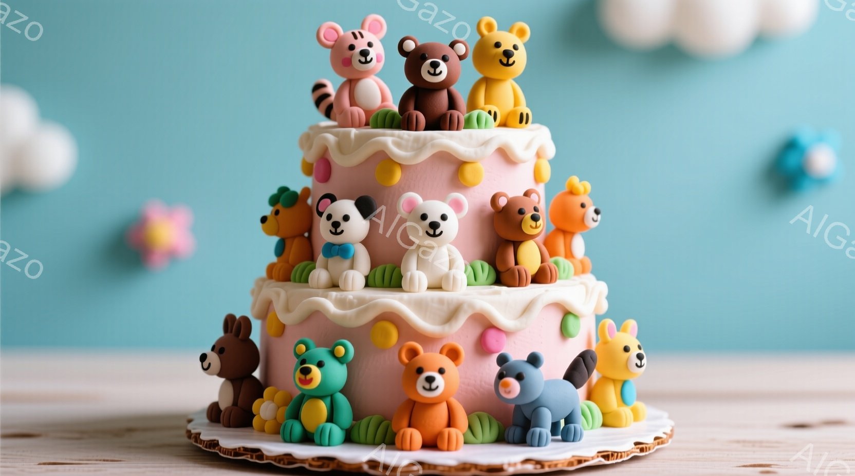 ケーキはピンク色のアイシングで覆われ、３段重ねになっています。様々な色の小さなクマの置物がケーキの周りに配置され、それぞれ異なるポーズをとっています。背景は水色の壁で、木製のテーブルの上にケーキが置かれており、全体的に明るく可愛らしい雰囲気です。