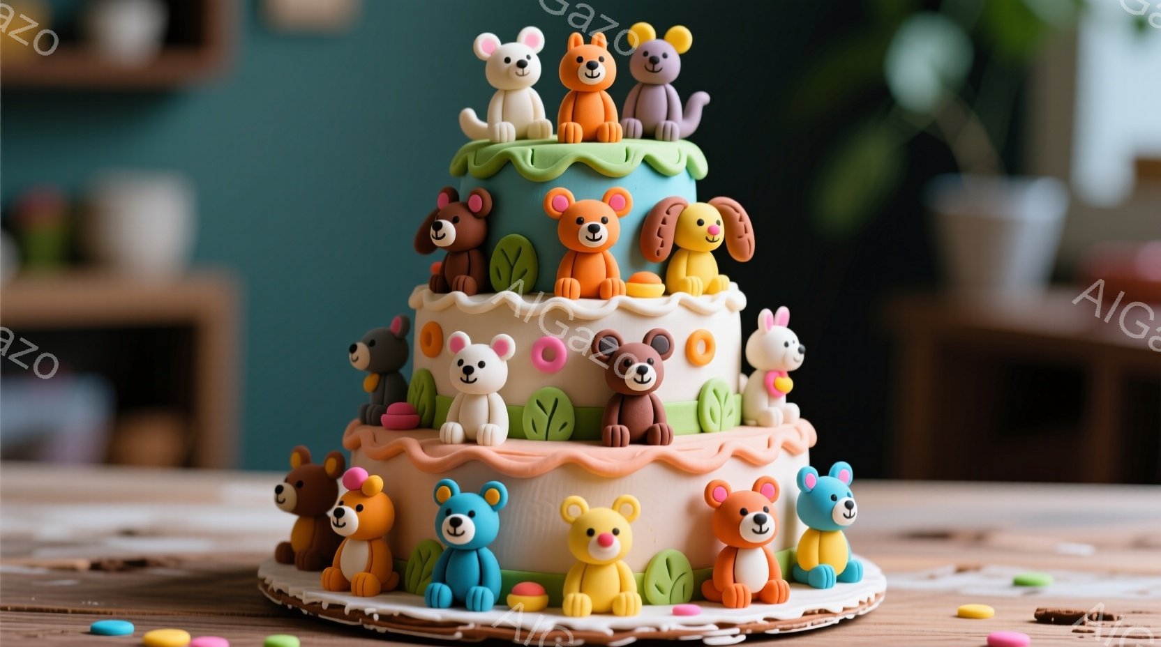ケーキは三段重ねで、様々な色のクマの置物が飾られています。クマたちは皆笑顔で、それぞれ異なるポーズをしています。背景は木製のテーブルで、カラフルな小さな菓子が散らばっており、全体的に明るく楽しい雰囲気が漂っています。