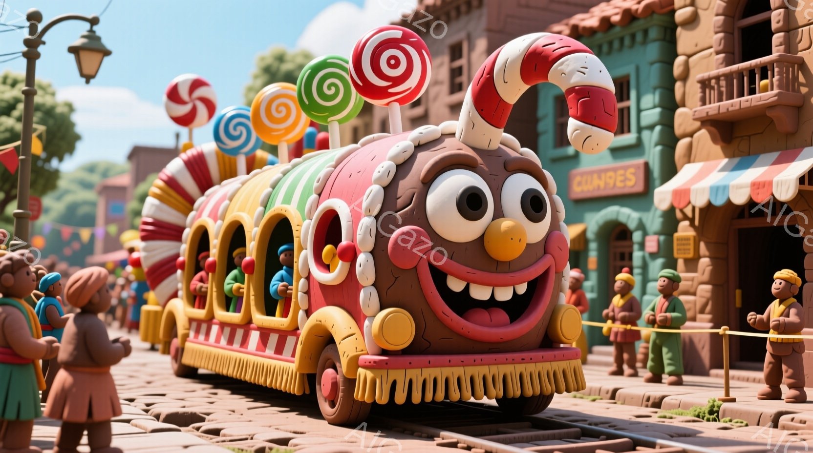 カラフルなキャンディで作られた列車が、石畳の道を進んでいます。乗客は皆、赤い帽子とジャケットを着た、同じような姿の人物で、楽しそうに手を振っています。背景には、カラフルな建物が並び、晴天の下、お祭りや遊園地のような賑やかな雰囲気が漂っています。