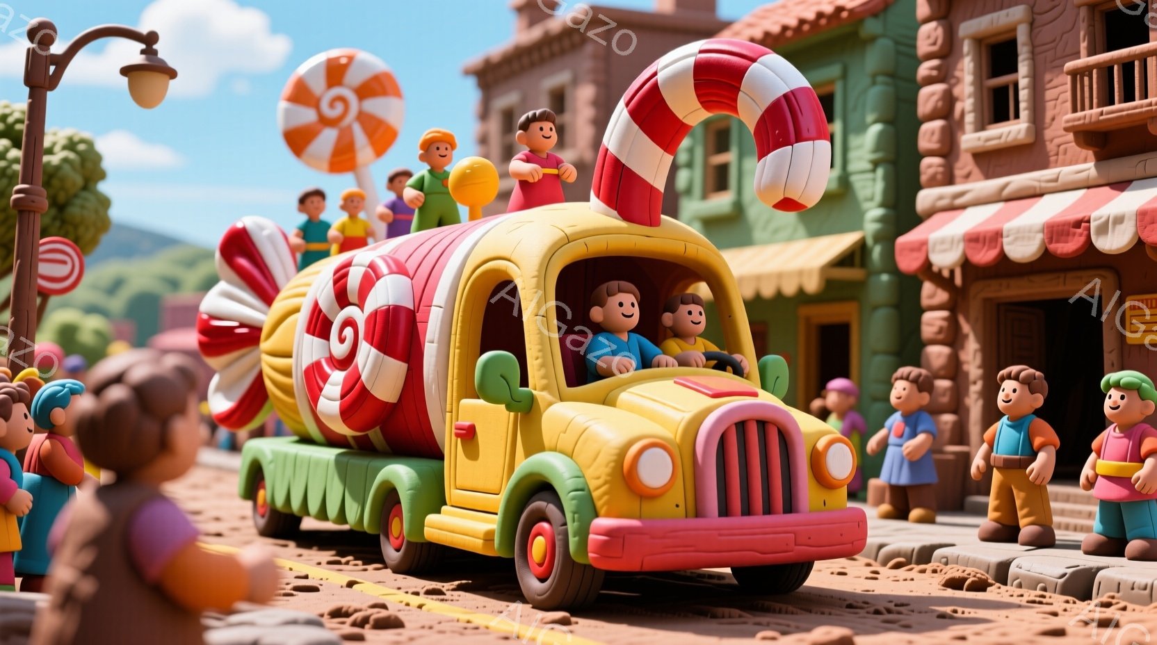 カラフルなキャンディを模した車が、街の中心を走っている様子が描かれています。運転席には笑顔の少年たちが座っており、車の上にはさらに多くの少年たちが乗り、楽しそうに手を振っています。背景には、パステルカラーの建物が立ち並び、太陽の光が降り注ぐ、明るくお祭り気分の漂う風景が広がっています。