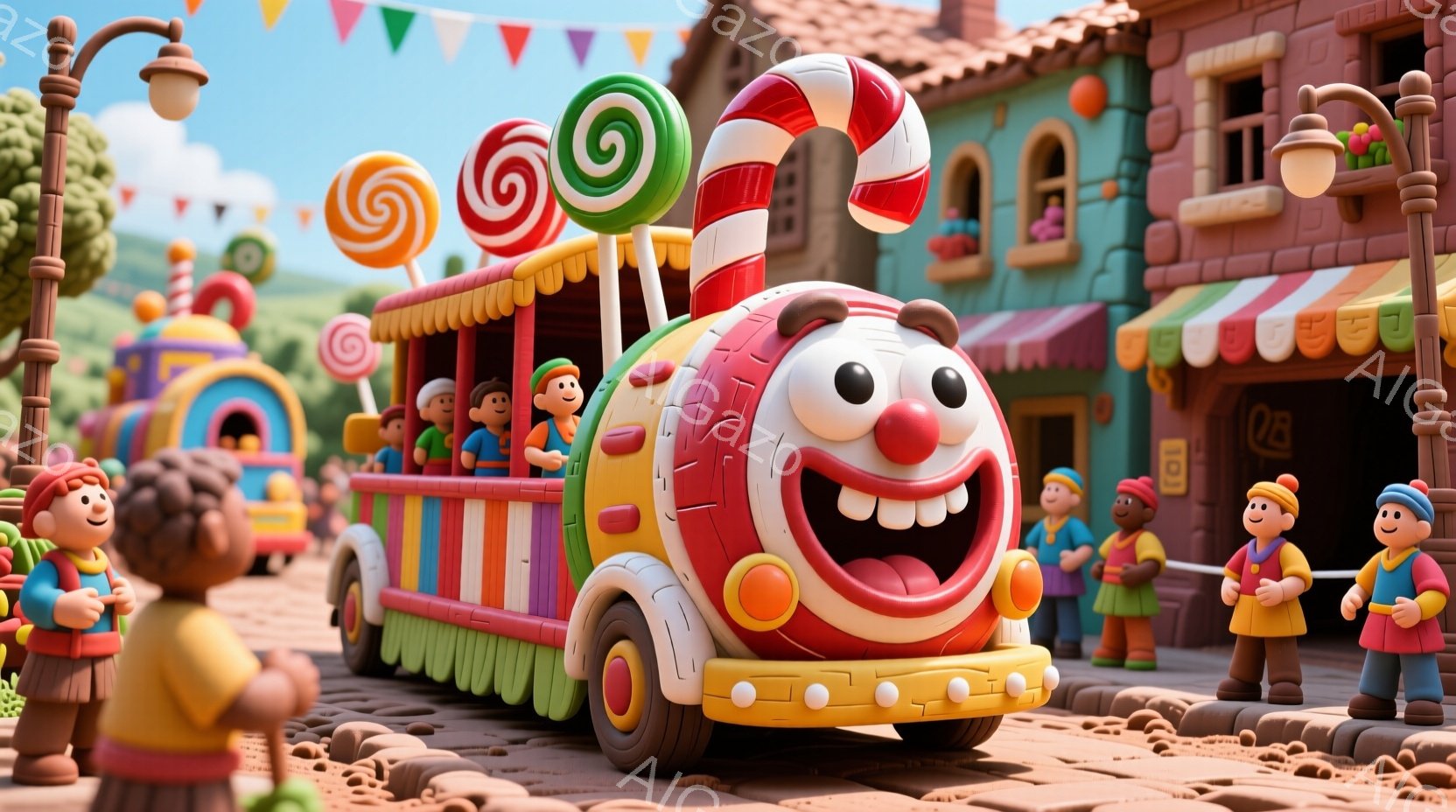 カラフルなキャンディを模した列車が、小さな町の通りを走っています。乗客は皆、笑顔で赤い帽子と青い服を着ており、楽しんでいる様子が伺えます。背景には、レンガ造りの建物や花壇があり、晴れた空の下、お祭り騒ぎのような賑やかな雰囲気が漂っています。