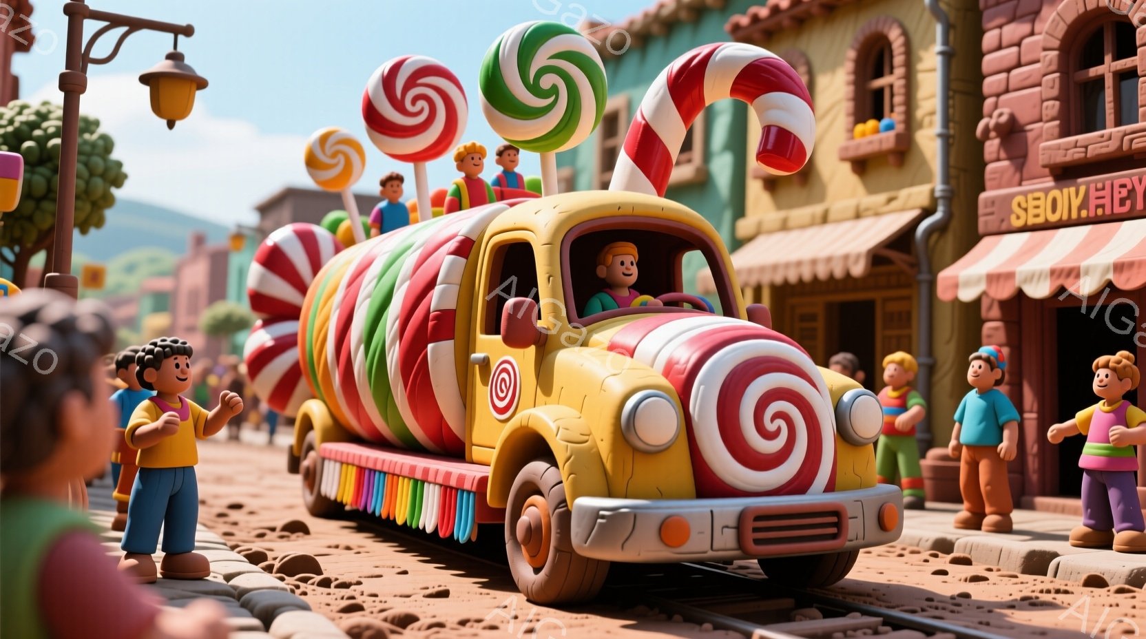 鮮やかな色彩で彩られた街並みを、キャンディを模した車が走っている。運転席には笑顔の人物が座り、車の屋根には巨大なキャンディが飾られている。背景には、レンガ造りの建物や木々が見え、子供たちが楽しそうに車を見つめている、陽気で遊び心あふれる雰囲気だ。