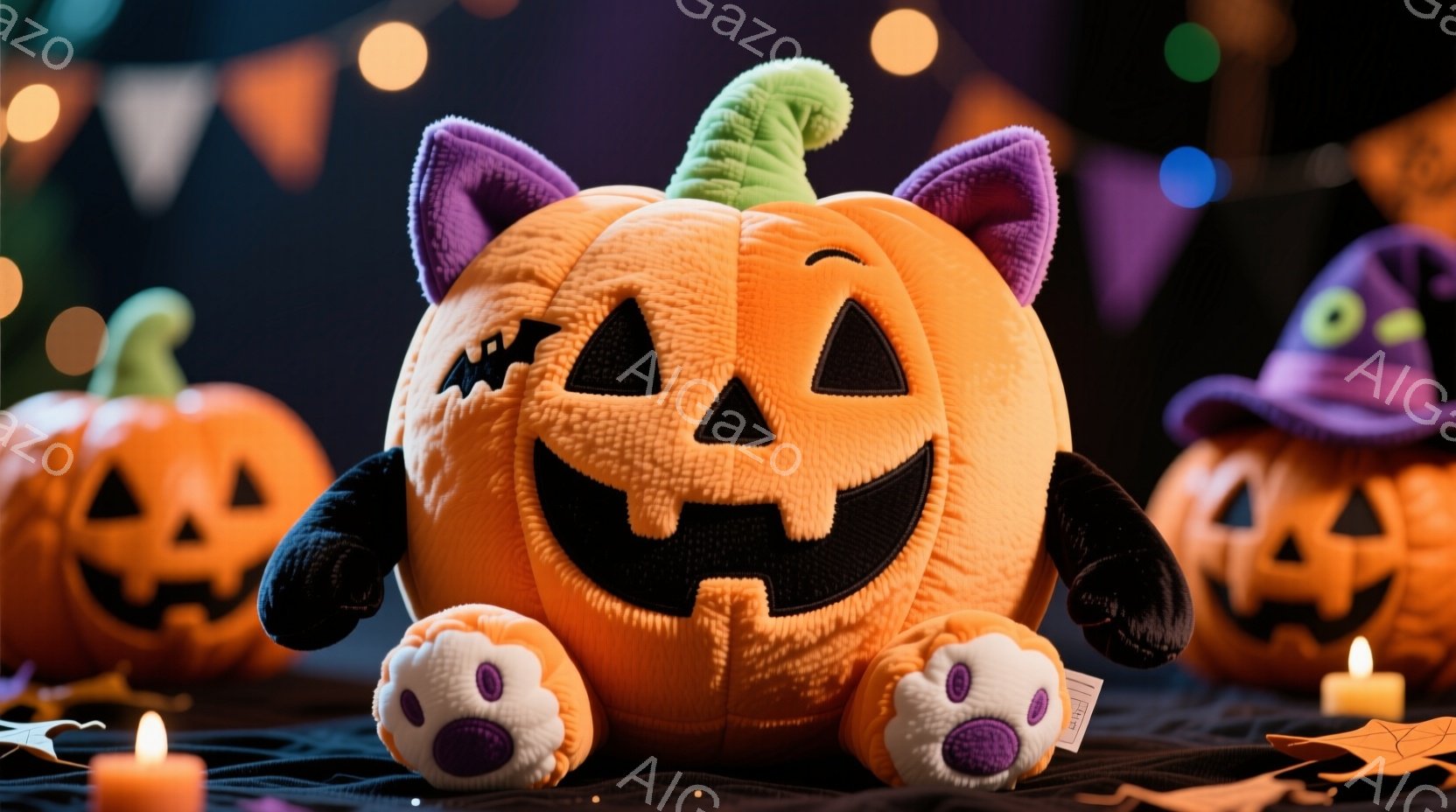 オレンジ色のカボチャのぬいぐるみを中心に、ハロウィーンの装飾が施された背景が広がっています。カボチャのぬいぐるみは、大きな笑顔と黒い爪を持つ猫のような手足が特徴で、頭には緑色の茎がついています。背景には、様々な表情のカボチャのぬいぐるみや、紫色の帽子を被ったキャラクター、点灯したキャンドル、オレンジと紫の旗が飾られたガーランドが見られます。