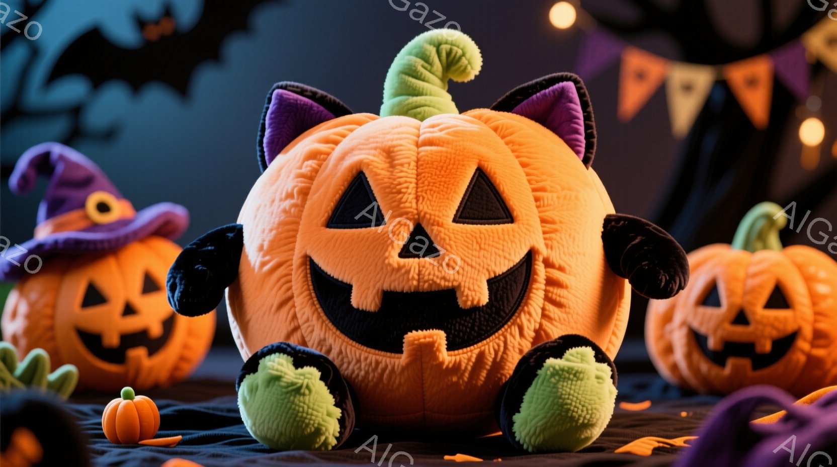 Halloweenのテーマを持つ素晴らしい写真です。中央には、ピンクの狐のぬいぐるみが座っており、周りに他の小さな狐のぬいぐるみが点在しています。背景には、ホログラムのような幻想的なエフェクトが使われ、暗い空間での出来事を感じさせることができます。全体として、雰囲気は興奮や楽しさに満ち溢れるものとなっています。