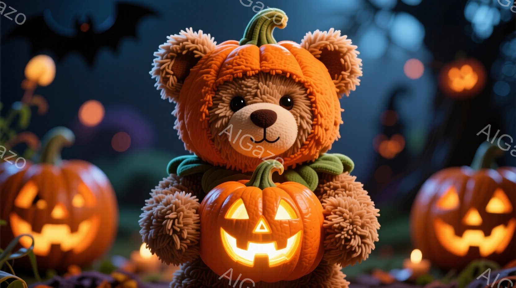 ふわふわの茶色のクマのぬいぐるみは、ハロウィーンの衣装としてカボチャを身につけています。カボチャの衣装は明るく照らされており、クマは前足を組み、優しい表情で正面を見つめています。背景には、切り抜かれた - AI生成フリー素材