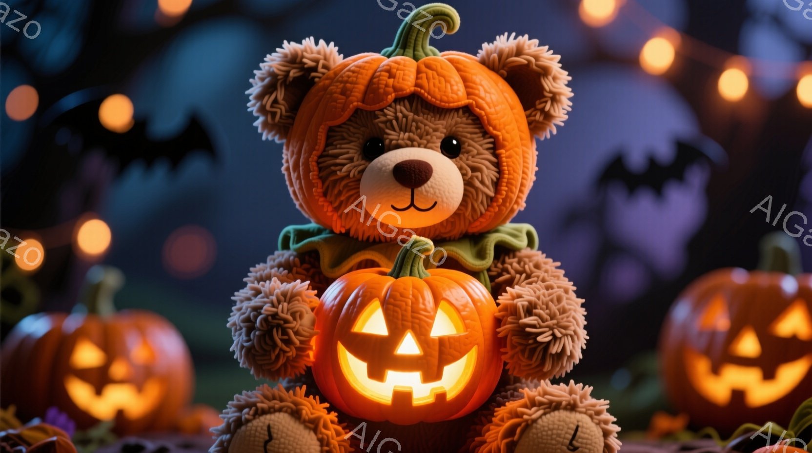 ふわふわのテディベアが、くり抜かれたジャック・オー・ランタンを抱えています。背景には、同じくジャック・オー・ランタンの形をしたものがいくつか並び、オレンジ色の温かい光が灯っています。暗い背景にぼんやり - AI生成フリー素材