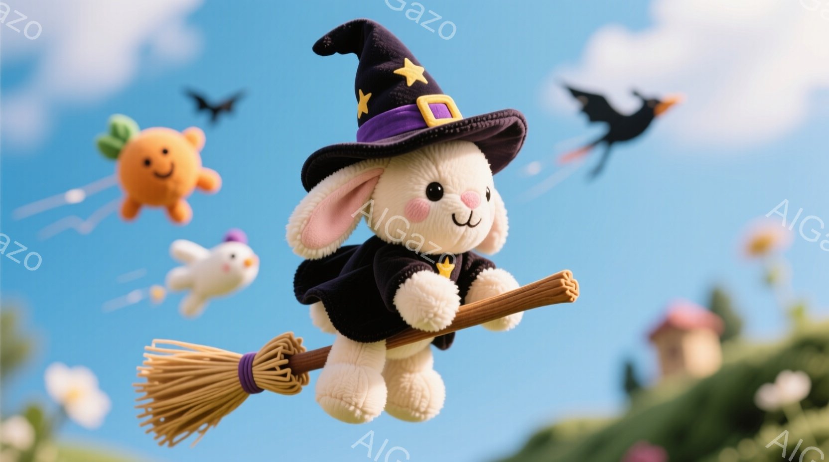 ふわふわの白いウサギが、ほうきにまたがって空を飛んでいる。ウサギは紫色のバンドが巻かれた黒い魔女帽子をかぶり、黒いマントを着ている。背景には緑の丘、赤い屋根の家、そしてオレンジと白の小さなオブジェクトがいくつか浮かんでおり、晴れた空の下、幻想的で可愛らしい雰囲気を醸し出している。
