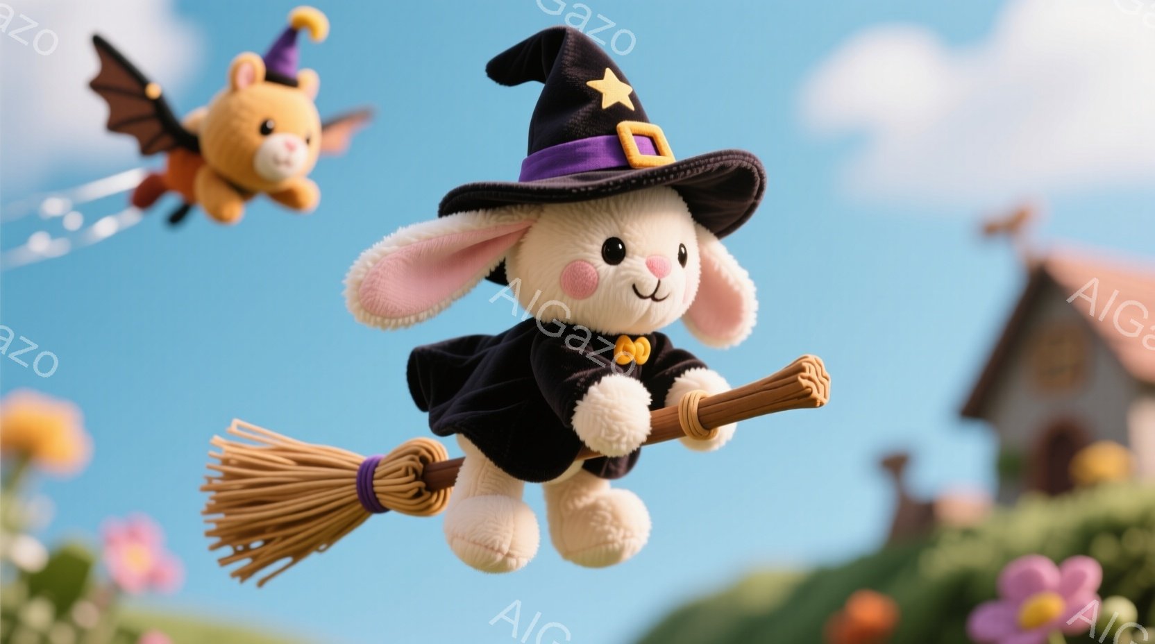 キャラクターは魔法使いの姿勢をとり、空を飛んでいる。背景は穏やかな天気条件下にある村風景で、魔法使いが空に上がった際に昇り出している。キャラクターの服装は魔法使いを表すもので、髪型や表情は幸せな落ち着きが印象的。全体として、可愛らしさと元気な雰囲気が感じられる。