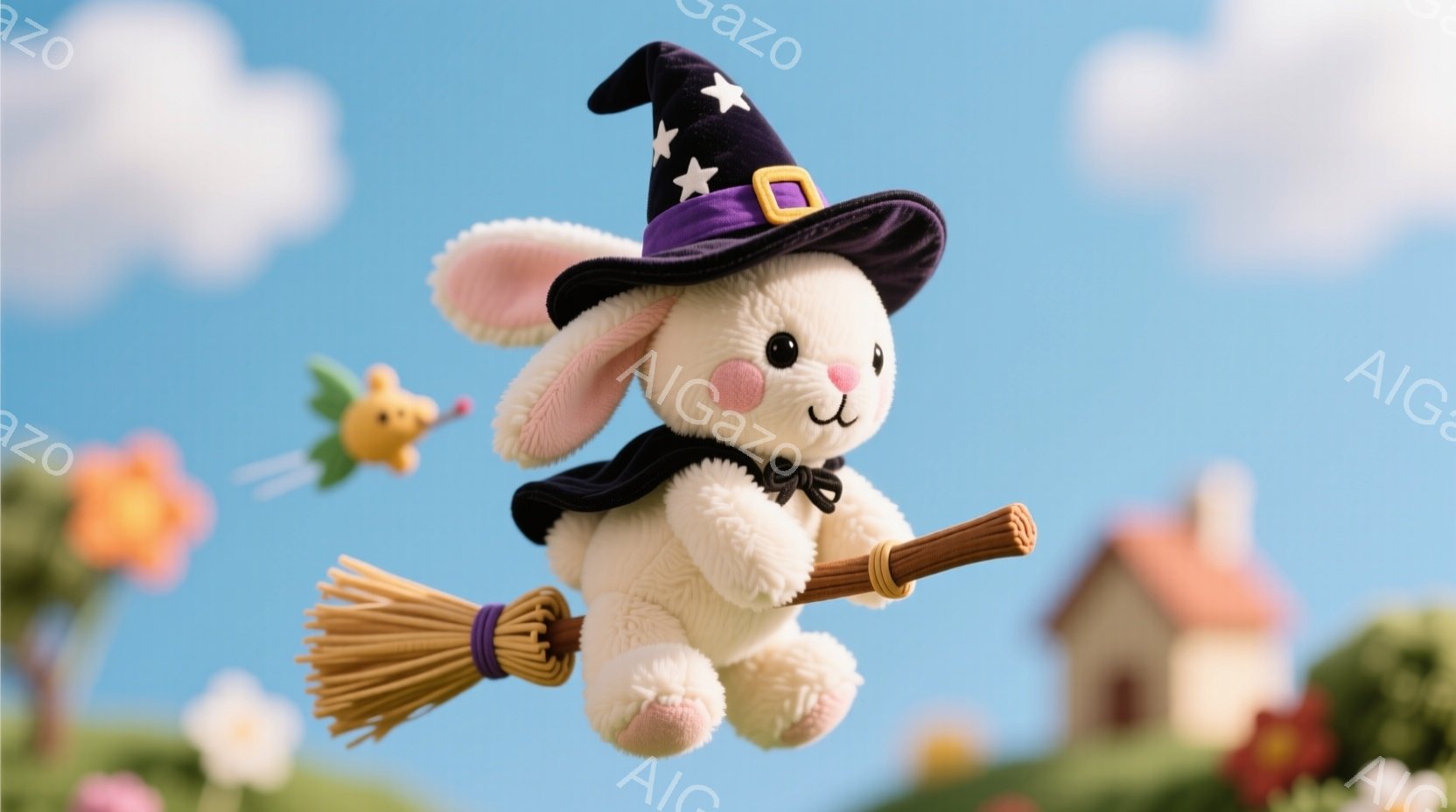 白いふわふわのウサギのぬいぐるみが、ほうきに乗って空を飛んでいます。ウサギは紫色の星柄の帽子と黒いリボンをつけており、表情は穏やかで可愛らしいです。背景には、可愛らしい家々や花々が広がり、晴れた空が広がっています。