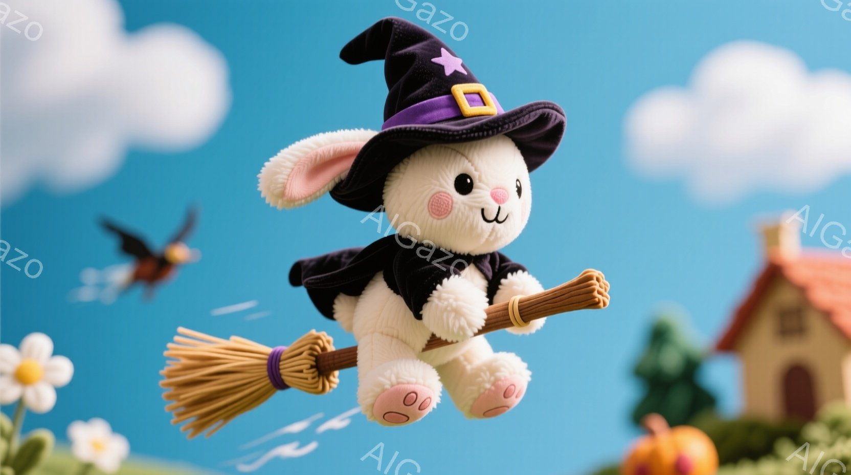白いふわふわのウサギのぬいぐるみは、ほうきにまたがり、空を飛んでいます。黒いマントと、星とバックルが付いた魔女帽子をかぶり、楽しそうな表情をしています。背景には、赤屋根の家、緑の茂み、カボチャ、そして青い空と白い雲が広がっており、ハロウィーンのような楽しい雰囲気が漂っています。