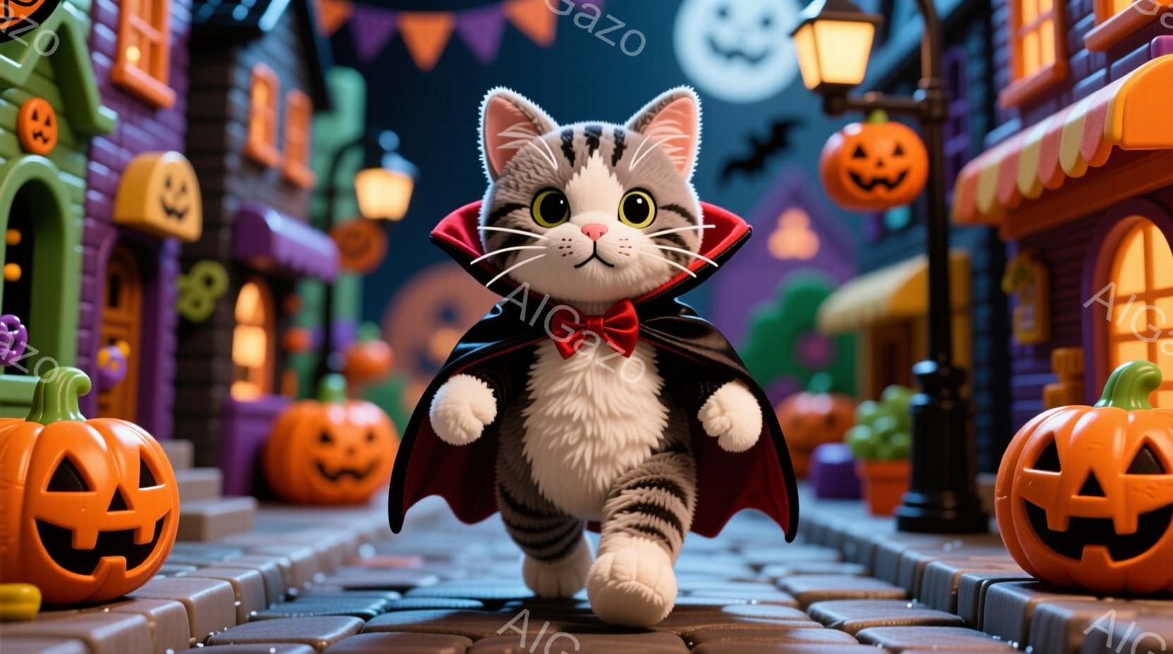 白と灰色の縞模様の猫が、赤いリボンと黒いマント姿で、石畳の道を進んでいます。背景には、ハロウィーンの装飾が施されたカラフルな建物や、笑った顔のジャック・オ・ランタンが並び、お祭り騒ぎの雰囲気です。夜空には蝙蝠が舞い、全体的に可愛らしく、楽しいハロウィーンの情景が表現されています。