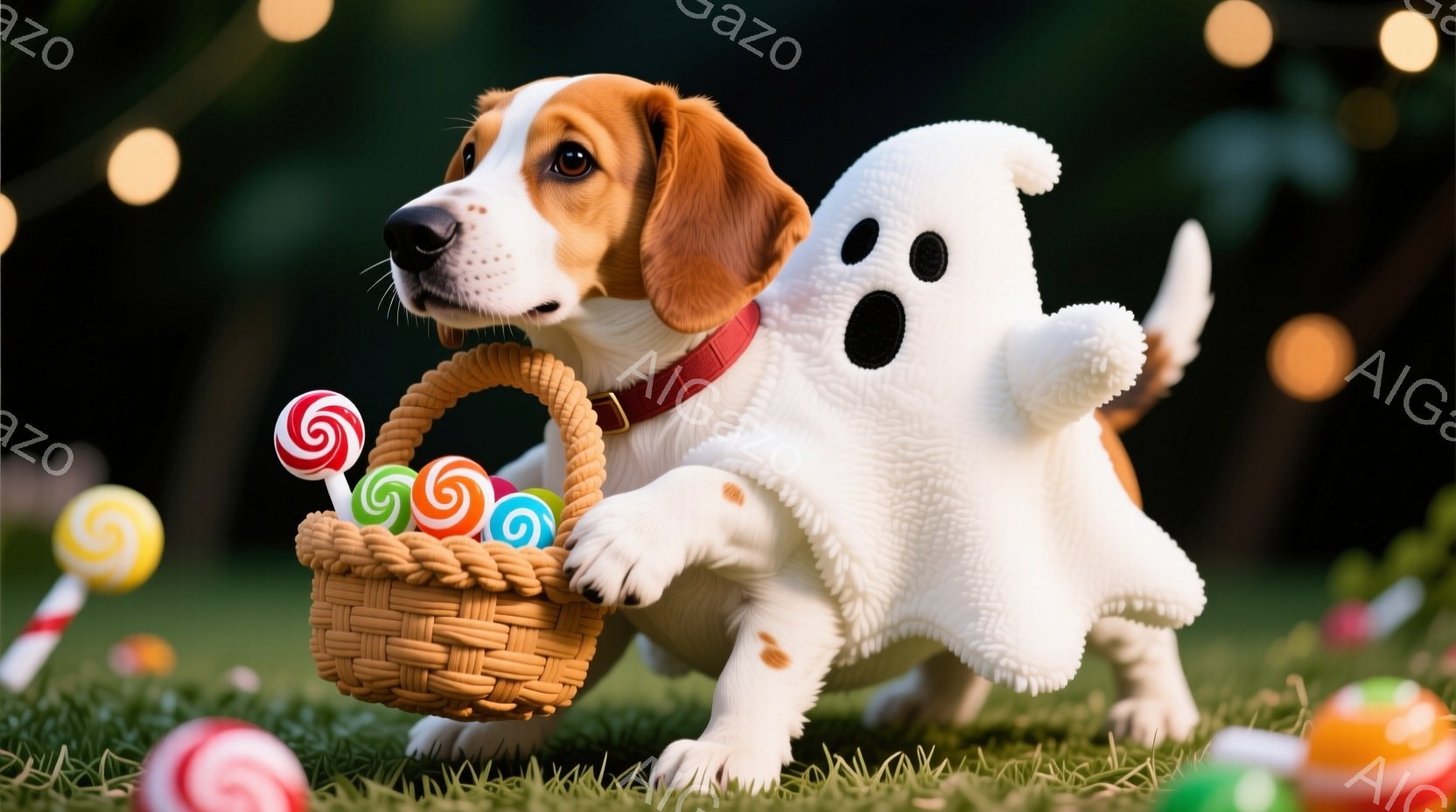 茶色と白のビーグル犬が、ハロウィーンの仮装で幽霊のコスチュームを着ています。犬は片方の前足で編まれたバスケットを持っており、中にはカラフルなキャンディが入っています。背景には緑の草地が広がり、ぼやけた黄色い光が点在しており、お祭り騒ぎの楽しい雰囲気が漂います。