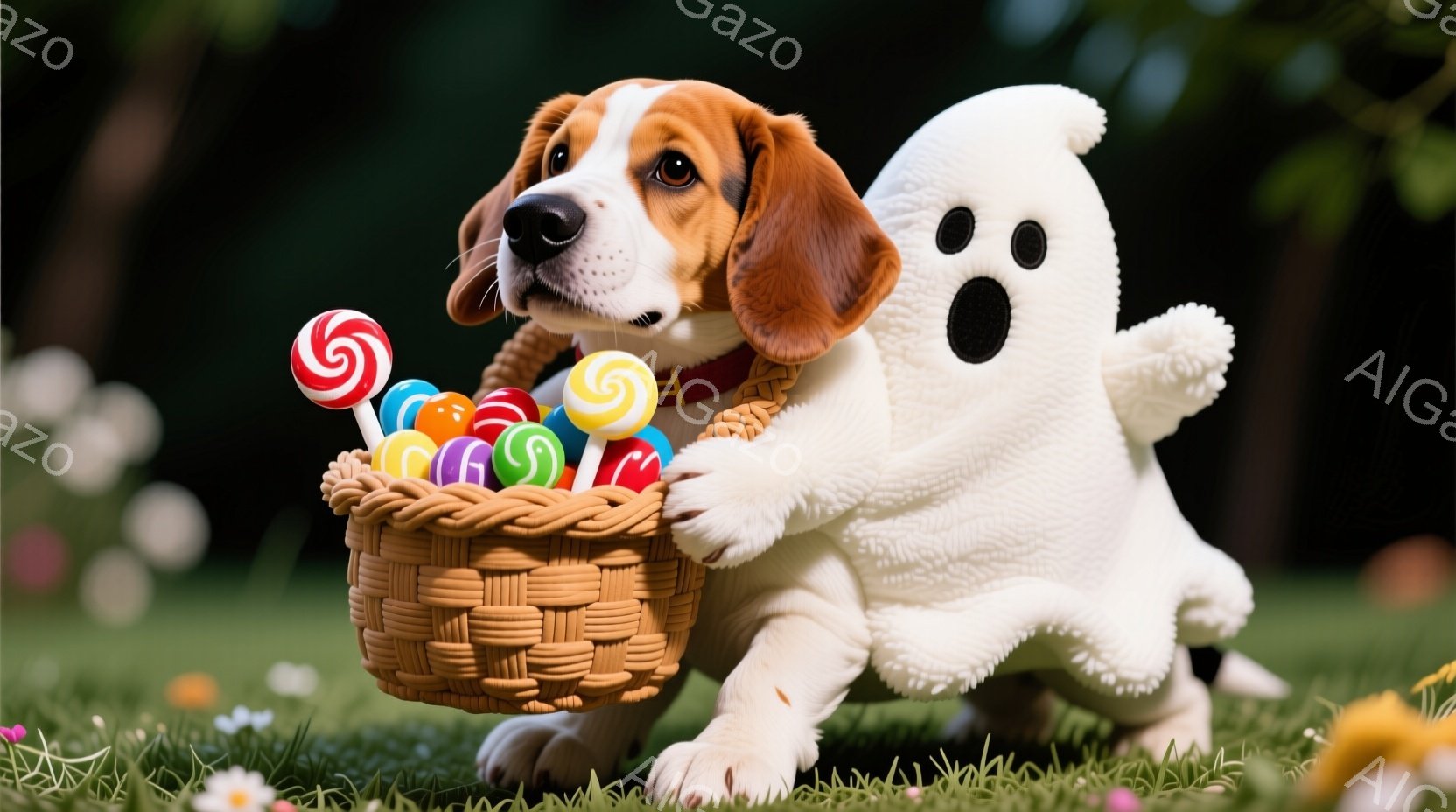 芝生の上に、バスケットいっぱいのキャンディーを持って、お化けのコスチュームを着た子犬がいます。子犬は茶色の毛並みで、顔は好奇心旺盛な表情をしています。背景には緑豊かな草とぼやけた花が広がり、暖かい秋の雰囲気を醸し出しています。