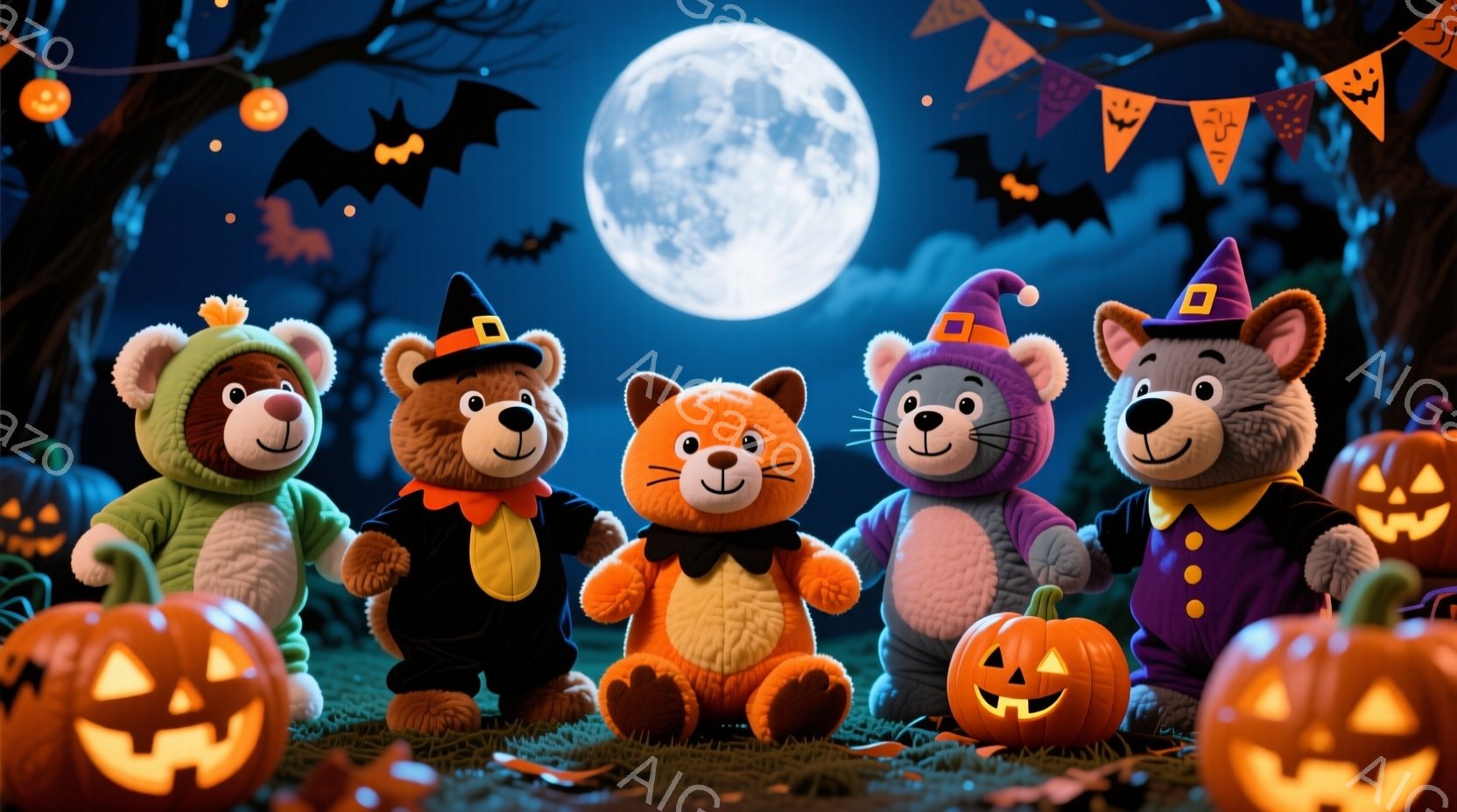 ハロウィーンをテーマにした画像で、様々な動物のぬいぐるみたちが衣装を着て並んでいます。背景には満月とコウモリ、そしてジャック・オ・ランタンが散りばめられており、少し不気味ながらも楽しい雰囲気が漂っています。ぬいぐるみたちはそれぞれ異なる仮装をしており、お祝いの準備をしている様子が伺えます。