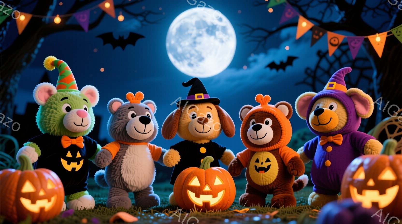 ハロウィーンの夜、可愛らしいクマのぬいぐるみが5体、それぞれ異なるコスチュームを着て一列に並んでいます。背景には満月、コウモリ、ハロウィーンの装飾が施された木々があり、地面にはジャック・オー・ランタン - AI生成フリー素材