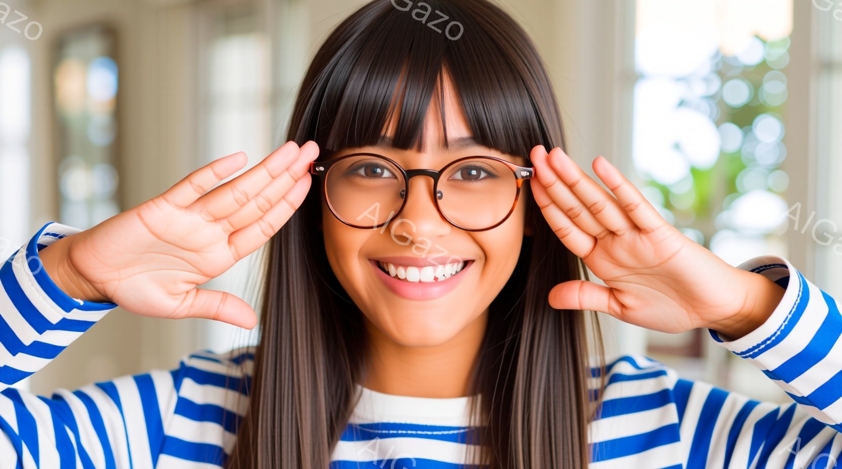 長い黒髪の女性が、ストライプの青と白のトップスを着て、顔の前に両手を広げています。彼女は大きなフレームの眼鏡をかけており、満面の笑みを浮かべており、明るく陽気な印象を与えます。背景にはぼやけた室内が見 - AI生成フリー素材