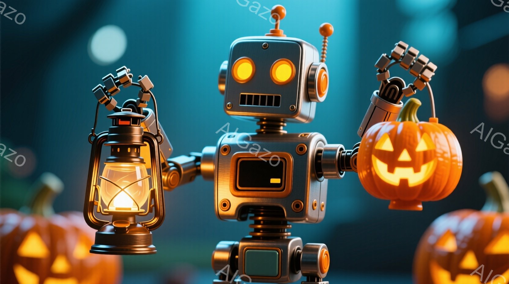 錆び付いた金属製のロボットが、ハロウィーンのランタンとジャック・オ・ランタンを手に持っています。ロボットは両腕を広げ、ランタンとカボチャを誇らしげに掲げており、暖かく優しい光を放っています。背景にはぼんやりとしたオレンジ色のカボチャがいくつか見え、全体的に温かく幻想的なハロウィーンの雰囲気を醸し出しています。