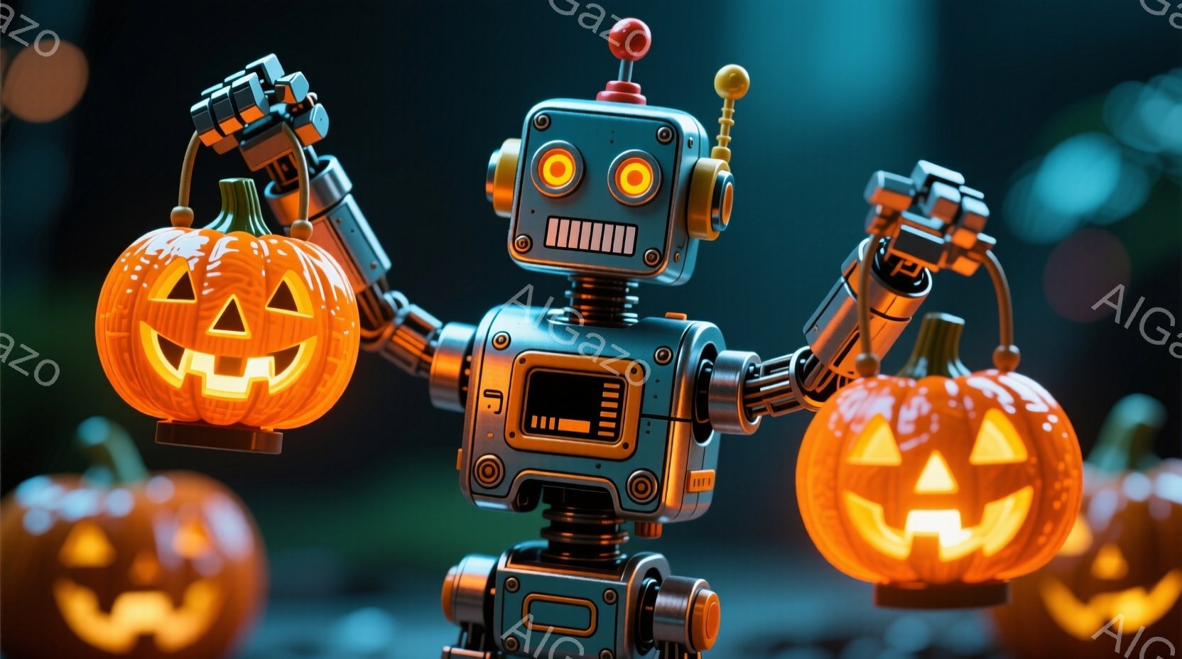 レトロなロボットが、両手にジャック・オー・ランタンを持って立っています。ロボットは金属製のボディで、頭部には光る目と小さなアンテナが付いています。背景には、ぼやけたオレンジ色のカボチャがいくつかあり、ハロウィーンの雰囲気を醸し出しています。