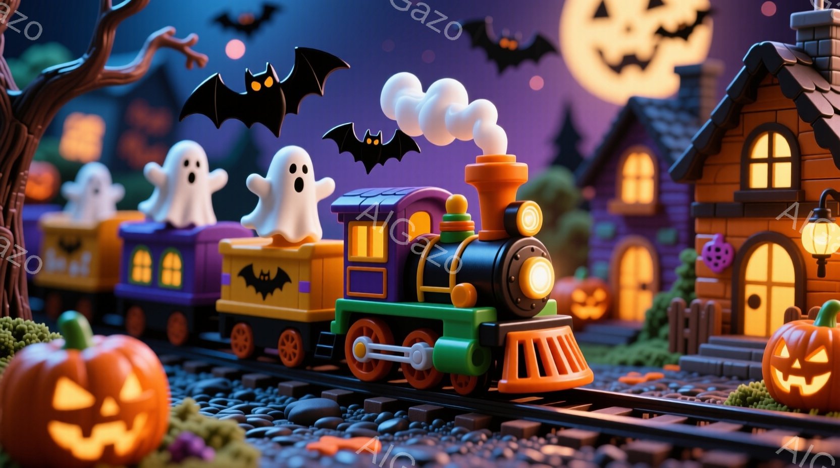 ハロウィーンをテーマにしたおもちゃのような列車が線路を走っています。紫色の客車には幽霊が乗り、黒いカボチャが描かれています。背景には、ジャック・オー・ランタン、幽霊、コウモリが浮かび、ハロウィーンらしいお化け屋敷が立ち並び、お祝いの雰囲気が漂っています。