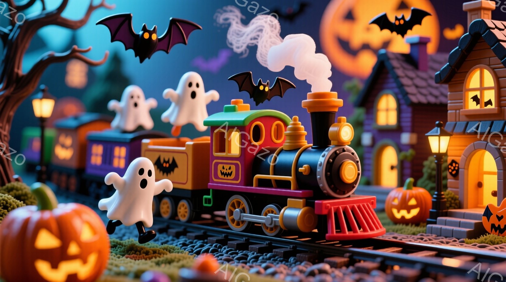ハロウィーンをテーマにした可愛らしいジオラマで、オレンジと紫色の蒸気機関車が線路の上を走っています。周りにはジャック・オー・ランタンや幽霊が浮かび、背景には可愛らしい家々が並んでいます。全体的に暖色系の照明で、楽しげで夢幻的なハロウィーンの雰囲気が漂っています。