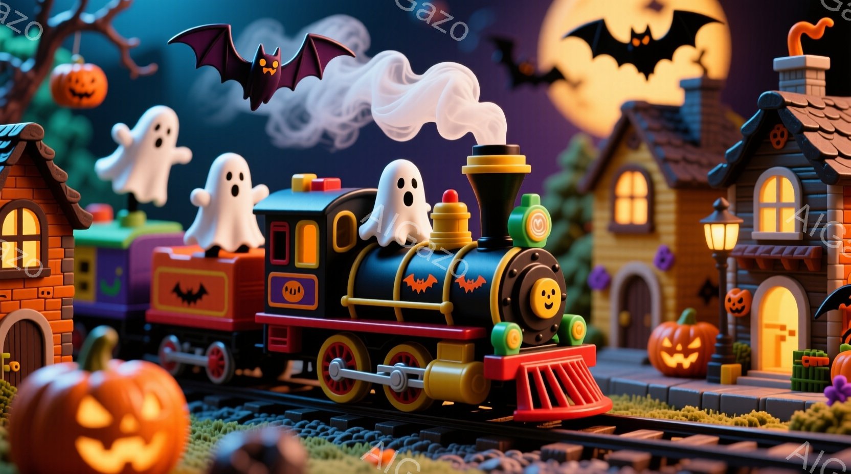 鮮やかな赤い蒸気機関車がハロウィーンの飾り付けられた町を走っており、蒸気から幽霊が飛び出している様子が描かれています。背景には、カボチャやコウモリで飾られた可愛らしい家々が並び、夜空には満月が輝いています。全体的に、お祭り騒ぎのような楽しく陽気なハロウィーンの雰囲気が漂っています。