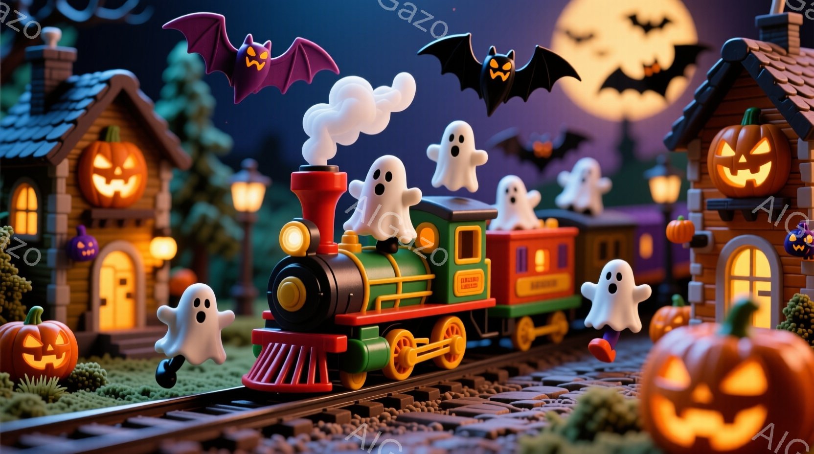 蒸気機関車がハロウィーンの夜に線路を走っており、周囲にはカボチャのランタンや幽霊が浮かんでいます。背景には、ハロウィーンで飾られた家々、満月、そして飛び交うコウモリが見え、可愛らしい不気味な雰囲気が漂っています。全体的に明るい色彩と丸みを帯びたデザインが特徴で、子供向けのハロウィーンのイラストレーションのようです。
