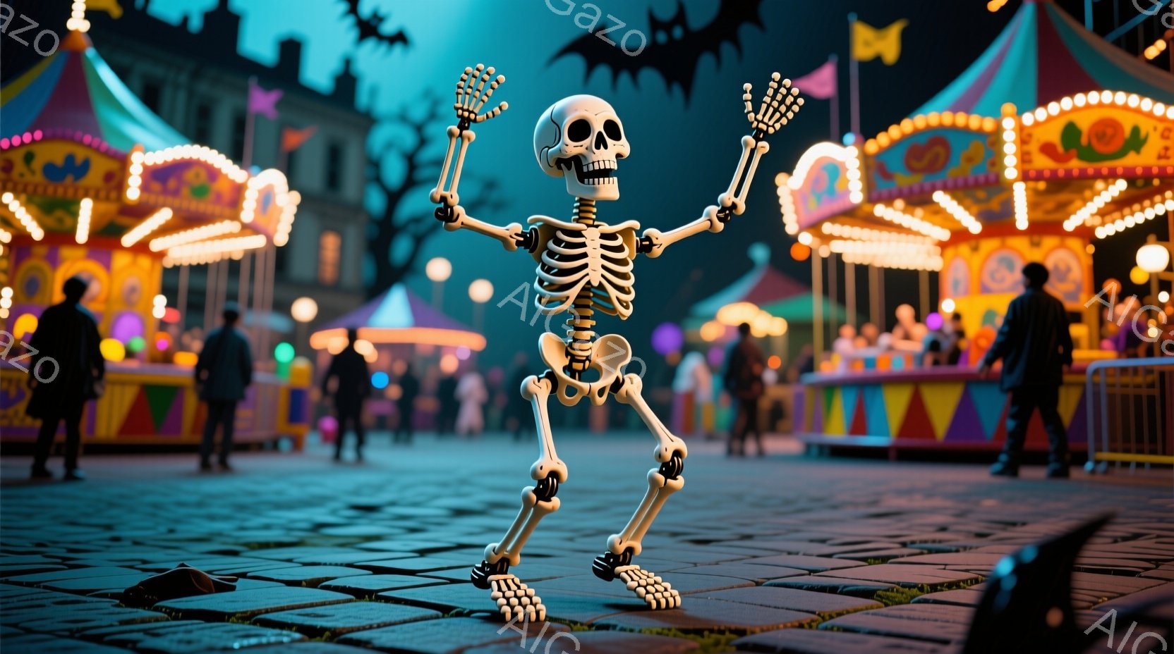 遊園地のタイル敷きの広場に、関節が光る白いスケルトンが立っている。背景には、色とりどりのライトが点滅する回転木馬や、人々が楽しむ遊園地の建物が見え、暗い夜空にはコウモリが舞っている。全体的にハロウィーンの楽しい夜の雰囲気を感じさせる、遊び心のある光景である。