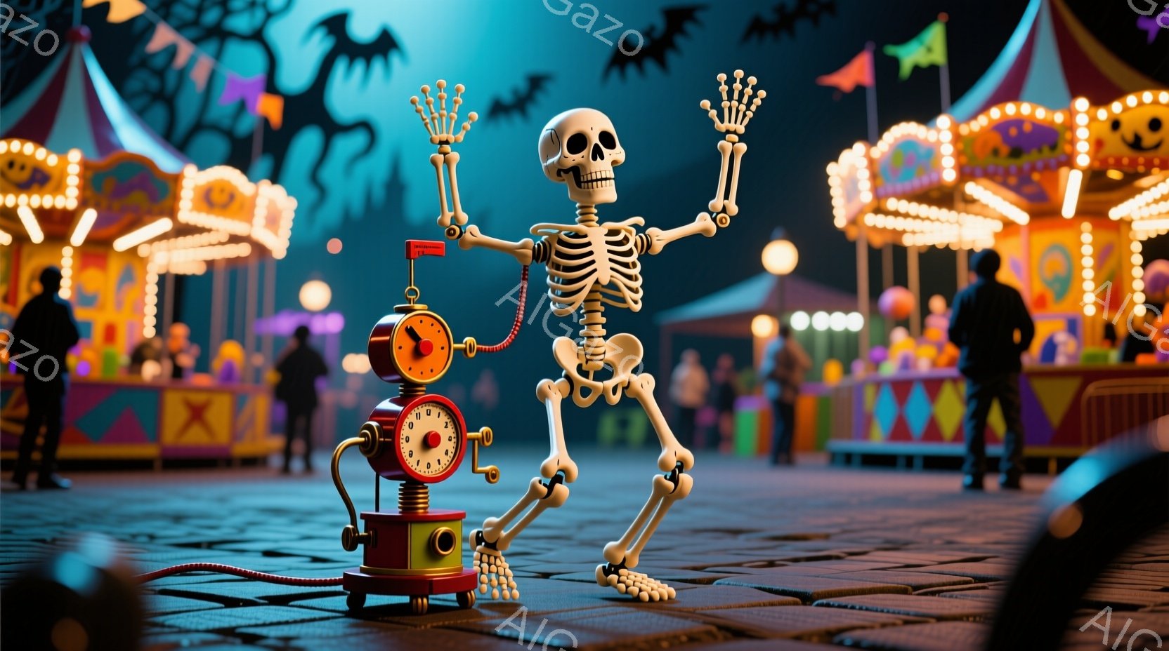 賑やかな遊園地の夜を舞台に、機械仕掛けの骨格のロボットが立っている。ロボットは、真空管ラジオのような頭部と車輪が付いた足を持ち、両手を上げて喜びを表している。背景には、カラフルな光で飾られた遊園地の乗り物や、暗闇に浮かぶコウモリのシルエットが見え、ハロウィーンのようなお祭り気分を醸し出している。