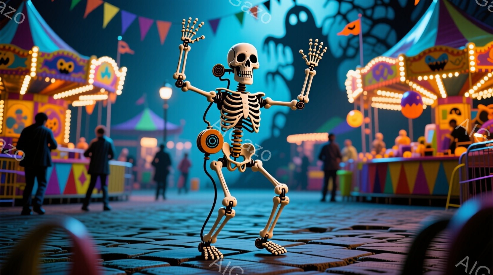 遊園地の夜に立つ機械仕掛けの骸骨を描いています。骸骨は両手を高く上げ、嬉しそうに踊っているようなポーズをとっており、関節部分は金属製の部品で構成されています。背景には、カラフルな装飾が施されたゲームブースや人々がおり、夜空には不気味な笑顔の月が浮かんでいます。