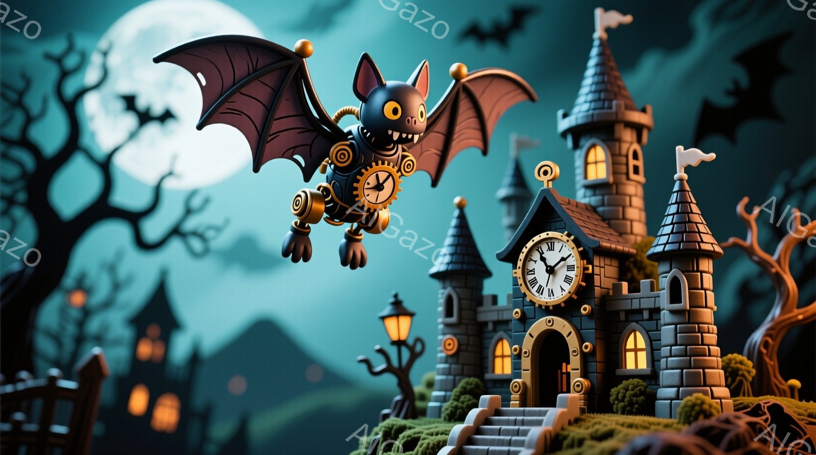 暗い夜空を背景に、機械仕掛けのコウモリが城の前に浮かんでいます。城は緑の丘の上に建っており、オレンジ色の光が灯る窓と時計が特徴的です。全体的にハロウィーンの雰囲気を醸し出しており、不気味ながらも可愛らしい印象を与えます。