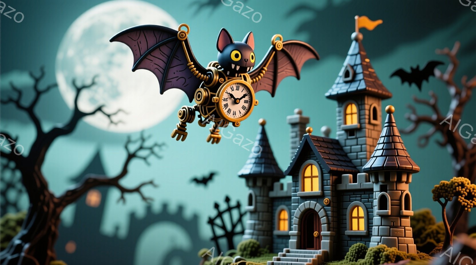 奇妙な機械仕掛けのコウモリが、お城の上空を飛んでいます。お城は灰色で、塔や階段があり、夜空には満月と他のコウモリが浮かんでいます。背景には暗い森と不気味な木々が広がり、ハロウィーンのような幻想的な雰囲気を醸し出しています。