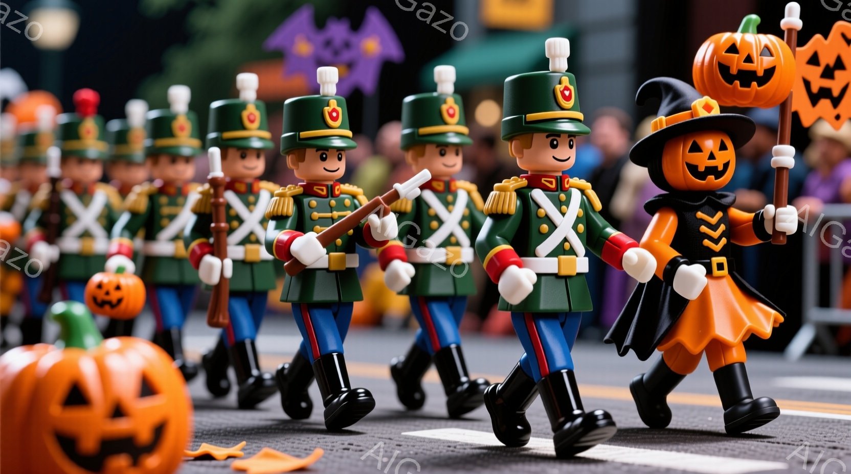 ハロウィーンのパレードの一場面で、兵隊風の服装をしたレゴ人形たちが整列して行進しています。緑色の帽子に赤い飾りがついたユニフォーム、そして黒いブーツを履き、真剣な表情でまっすぐ前を見据えています。背景にはカボチャのランタンやハロウィーンの飾り付けがあり、賑やかなお祭りの雰囲気が漂っています。