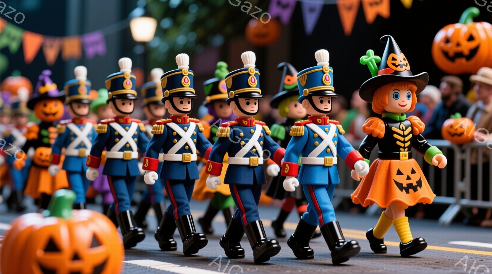 鮮やかなハロウィンのパレードが行われている様子で、青い制服を着た男の子たちが一列に並んで行進している。女の子はオレンジ色のドレスと魔女の帽子を身に着け、パレードに参加している。背景にはかぼちゃの飾り付けがされ、華やかな祝祭の雰囲気が漂っている。