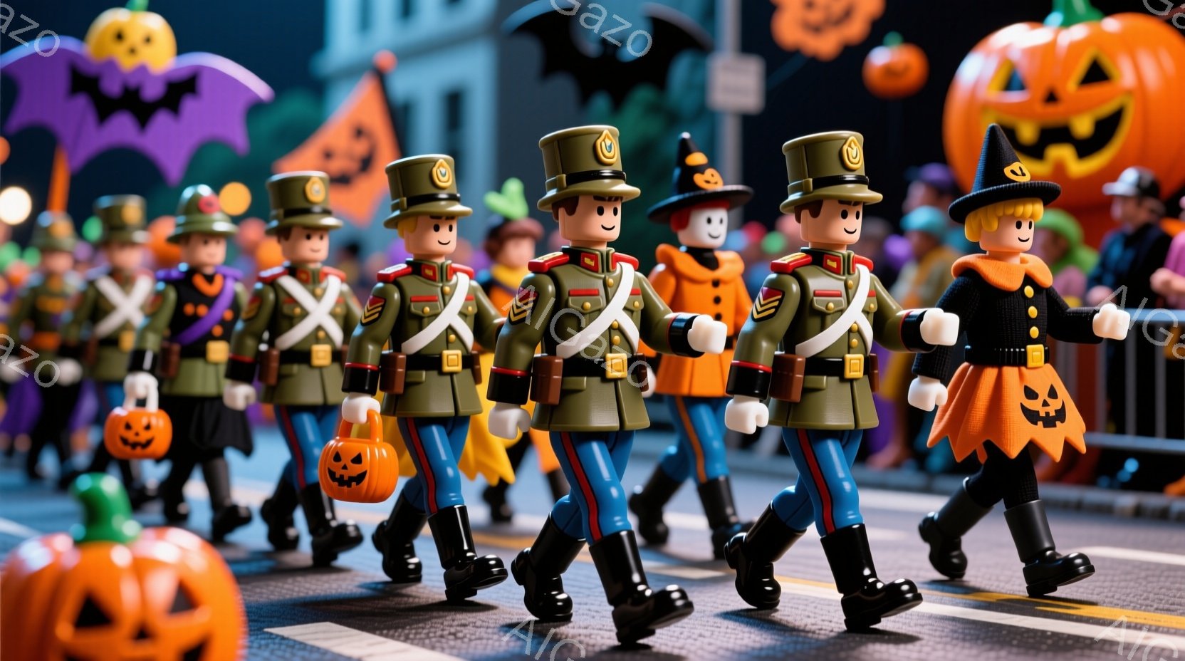 ハロウィーンのパレードの様子で、兵隊風の衣装を着た人々が整列して歩いています。それぞれが赤いジャケットと黒いズボンを着用し、帽子をかぶり、手にはカボチャのランタンを持っています。背景には、カボチャやお化けの飾り付けがされた建物があり、お祭り気分を盛り上げています。