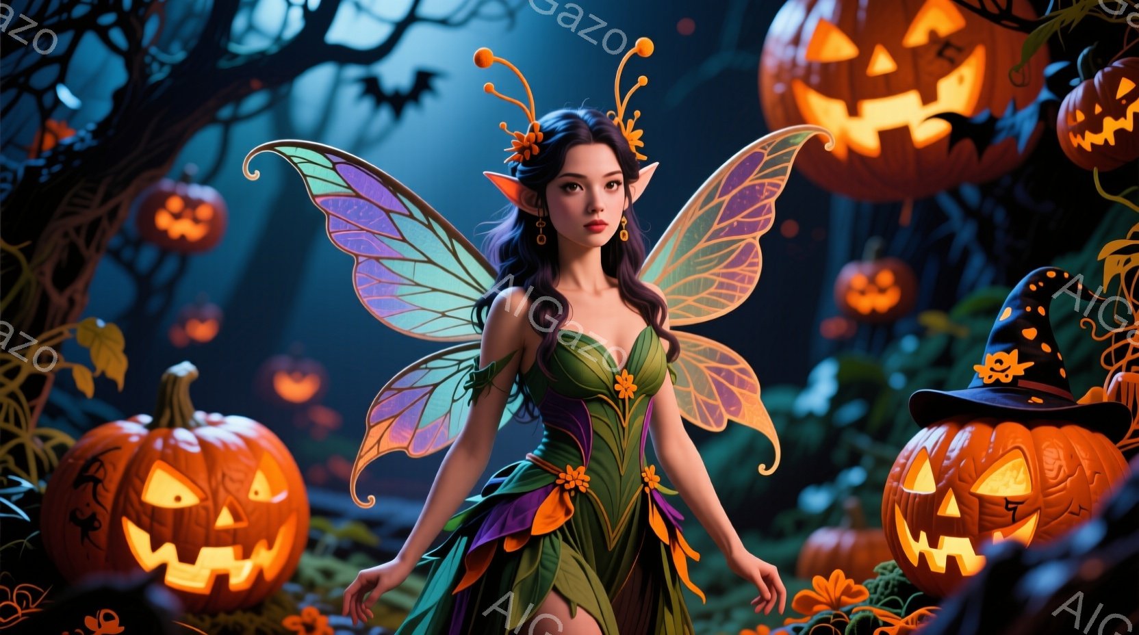 緑色のドレスを着た女性が、妖精のような羽を広げて立っています。彼女は長い黒髪で、顔には緑色のメイクが施されており、少し微笑んでいるように見えます。背景には、不気味な笑みを浮かべたジャック・オ・ランタンが散りばめられ、ハロウィーンの夜の神秘的な雰囲気を醸し出しています。