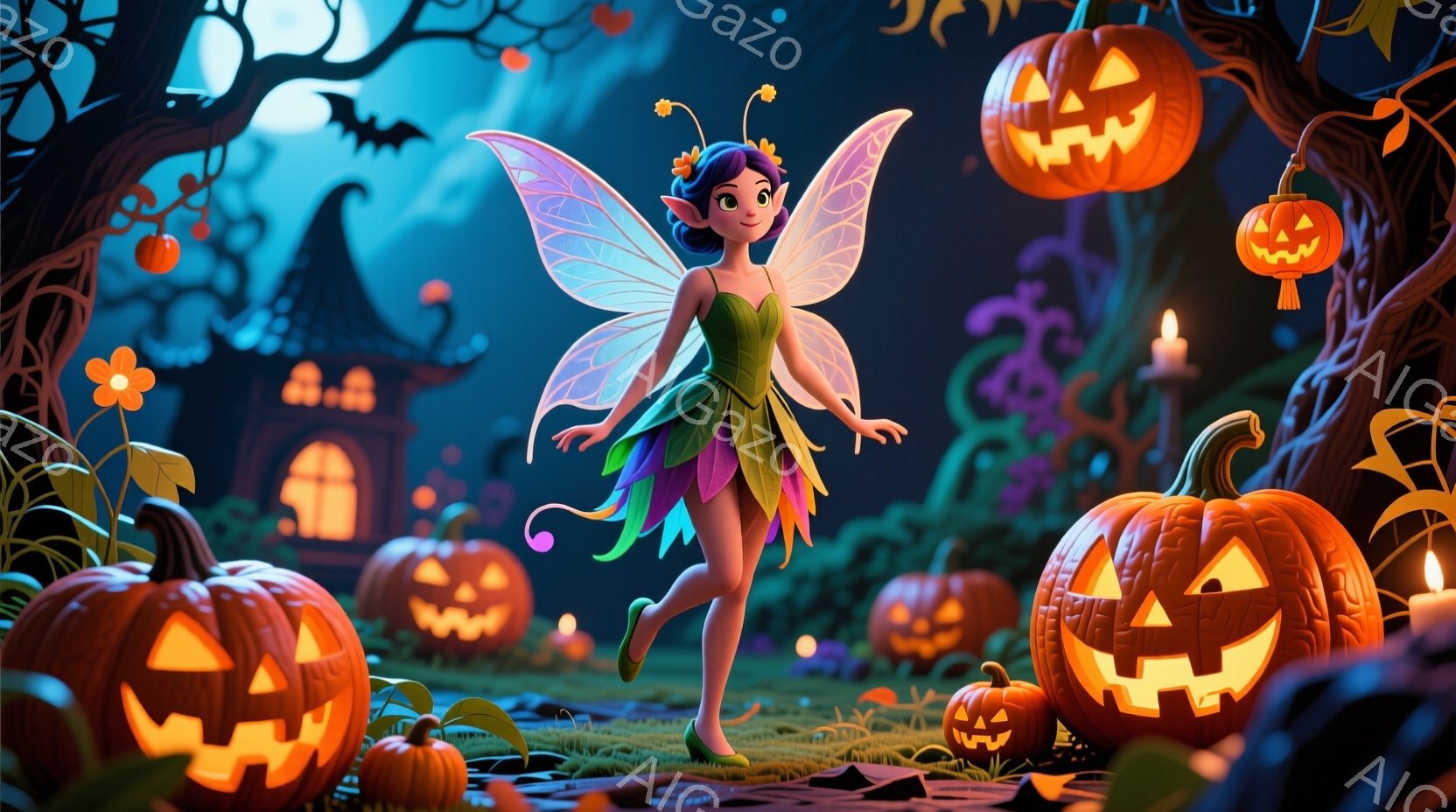 明るい緑色のドレスを着た小さな妖精が、緑の靴を履き、草の上に立っています。彼女は巻き毛の茶色の髪をしており、顔は微笑んでいて、大きな紫色の瞳を持っています。背景には、ハロウィーンのランタンで飾られたカ - AI生成フリー素材