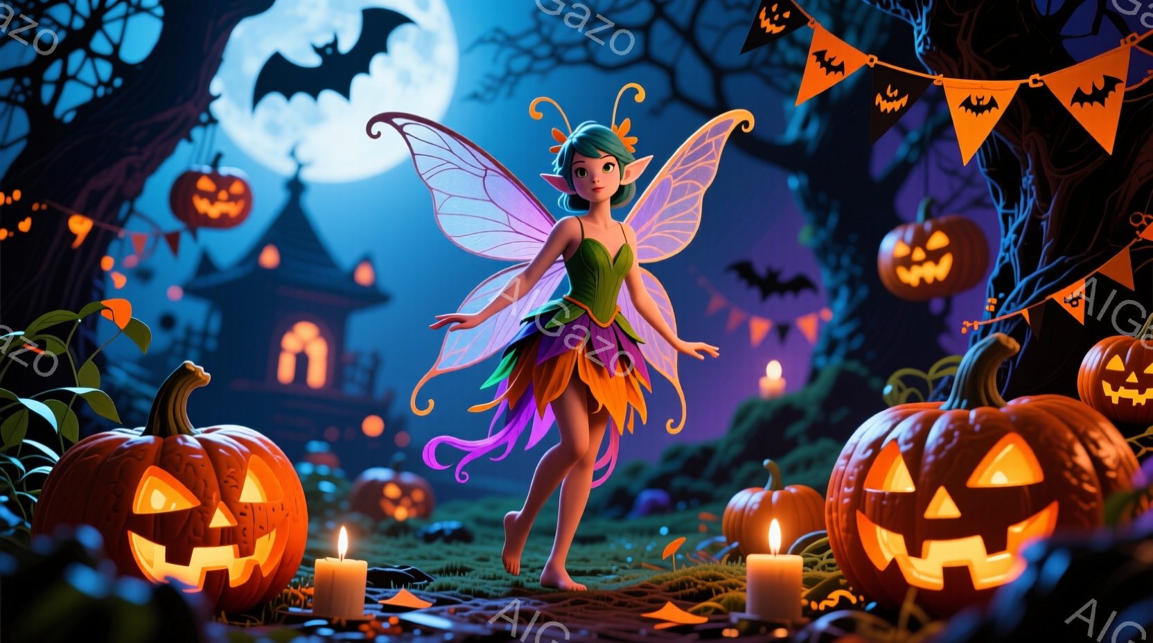 妖精のような女性が、ハロウィーンの飾り付けられた夜の森に立っている。彼女は緑色の髪で、紫とオレンジのグラデーションのドレスを着ており、背中には繊細な羽が生えている。背景には、カボチャのランタン、蝋燭、 - AI生成フリー素材