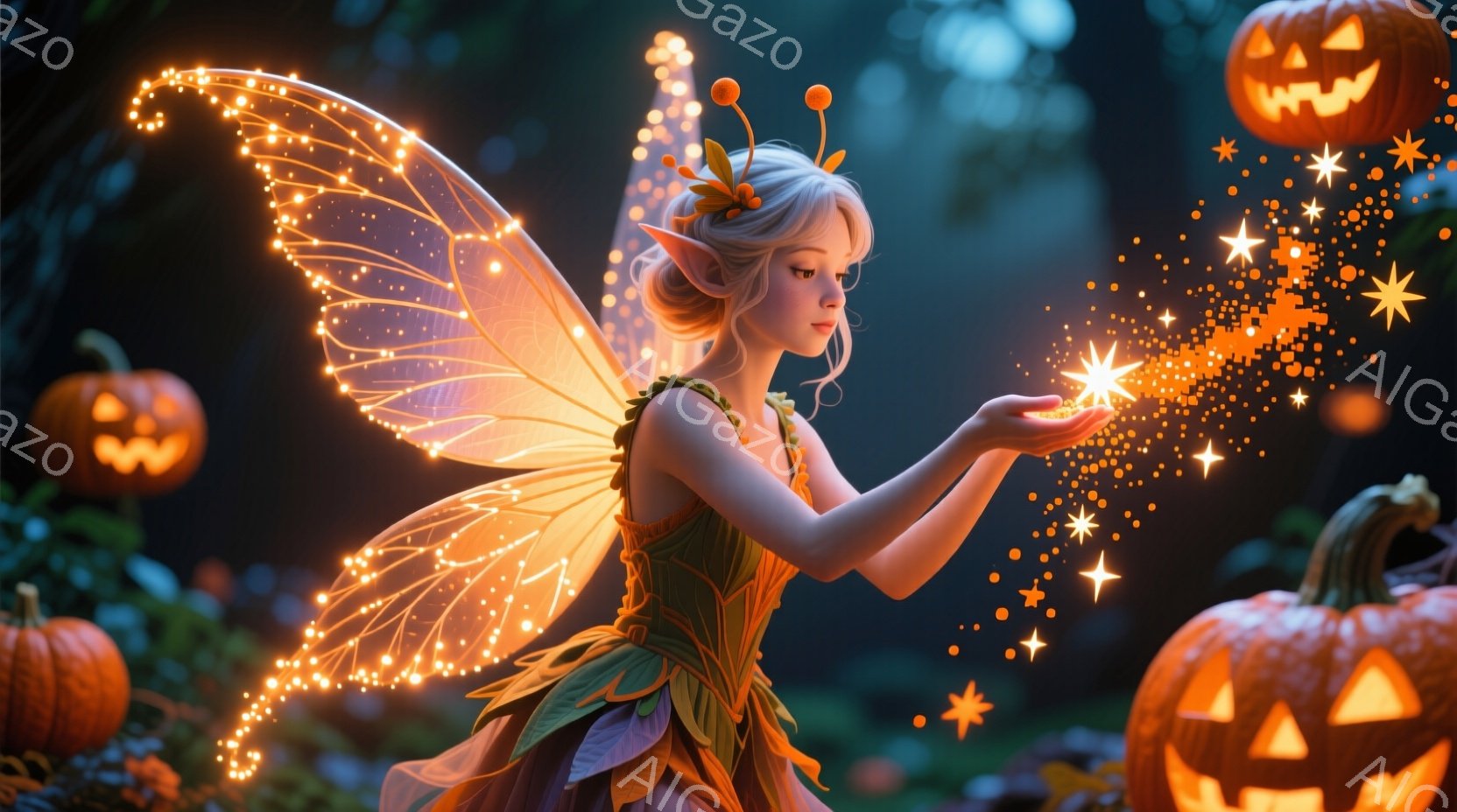 金髪で、緑色のドレスを身につけた妖精が、手のひらに光の粒を集めています。彼女は優しい表情で、左右に光が舞う様子を見守っています。背景には、ハロウィーンの象徴であるジャック・オー・ランタンが散りばめられ、幻想的で温かい雰囲気が漂っています。