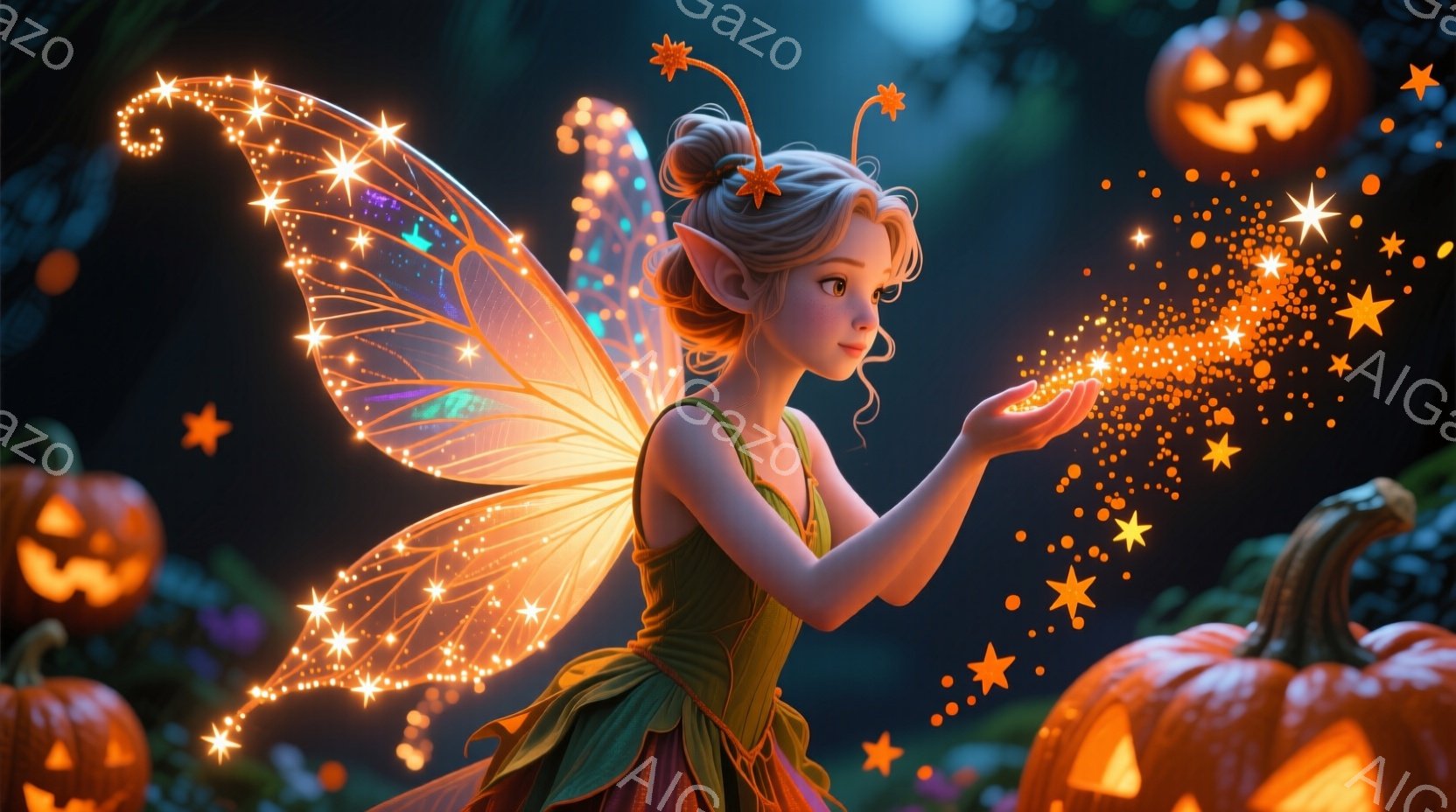 明るい緑色のドレスを着た若い妖精が、手のひらで輝くオレンジ色の光を集めています。彼女はカールした金髪で、頭には小さな花飾りをつけており、微笑みを浮かべています。背景には、さまざまな大きさのジャック・オ - AI生成フリー素材