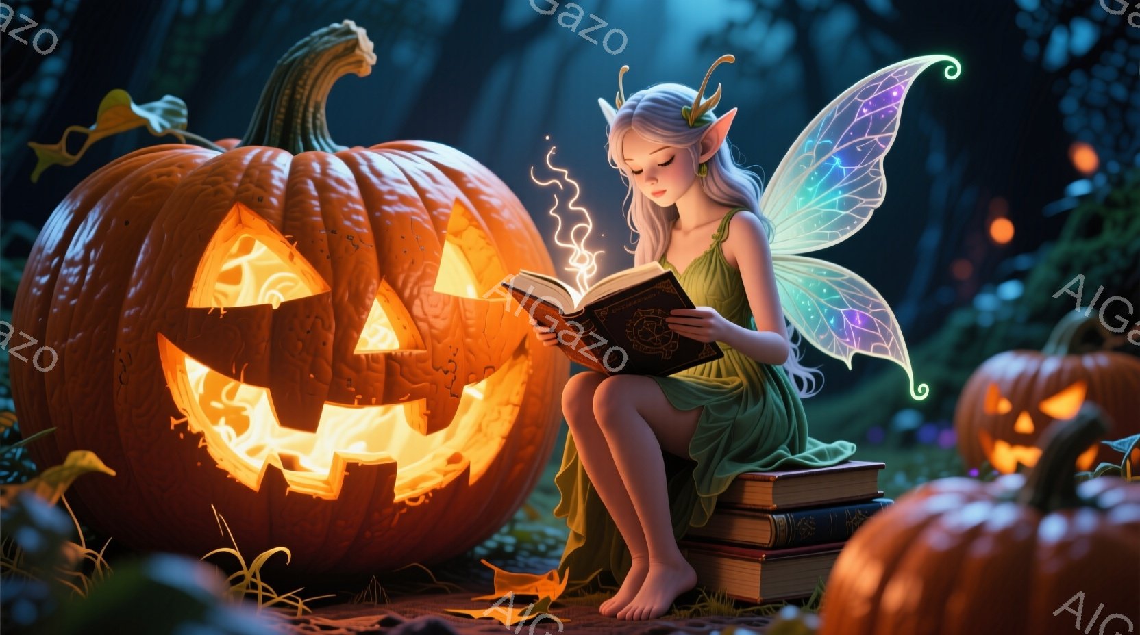金髪碧眼の妖精が、ハロウィーンの装飾であるジャック・オー・ランタンに囲まれ、本を読んでいます。彼女は緑色のドレスを着ており、金色の髪は三つ編みにされ、頭には小さな角飾りをつけています。背景は暗い森で、地面には落ち葉が散りばめられており、幻想的で魔法のような雰囲気を醸し出しています。